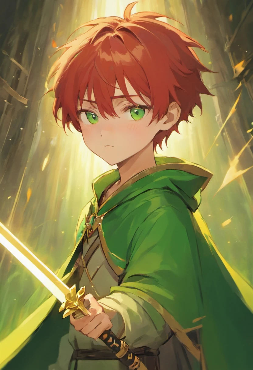 prompt: young boy with red hair, green eyes, holding a sword in his right hand, wearing a short green cape, (best quality, realistic:1.37), detailed facial features, vibrant colors, soft lighting, traditional painting style, nature background