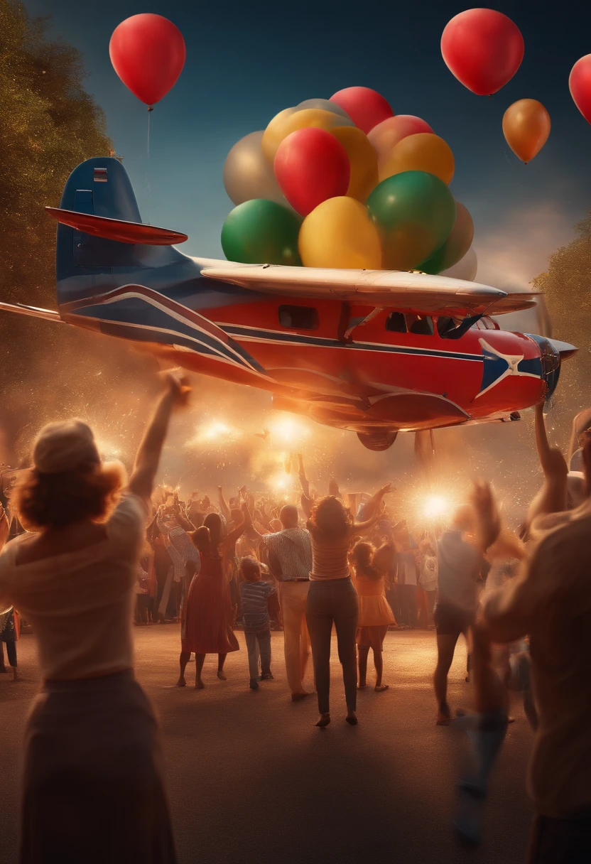 (best quality,4k,8k,highres,masterpiece:1.2),ultra-detailed,(realistic,photorealistic,photo-realistic:1.37),airplane,large,propeller,wing,red flag,celebration,festive,fireworks,lively atmosphere,joyous,cheerful,excitement,smoke,music,dancing,crowd,cheering,firecracker,colored lights,balloons,parade,delighted children,laughter,enthusiasm,exuberance,colorful costumes,decorations,happy faces,thrilling energy,display,elaborate arrangements,throng of people,grand spectacle,memorable occasion,special event,memories,cheers,blissful moments,vibrant,festivity,gleeful,remarkable celebration,blazing lights,booming sounds,dazzling colors