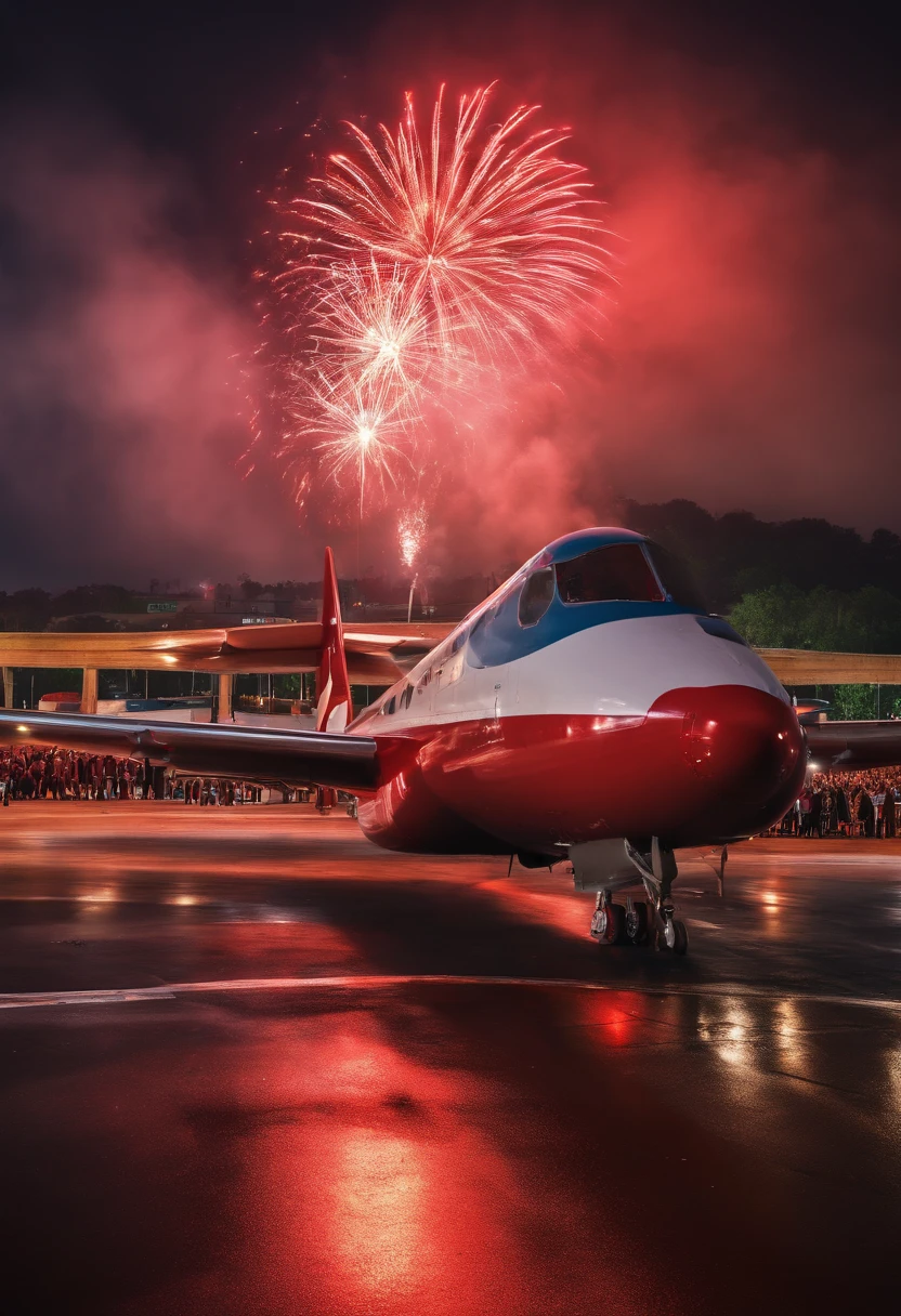 (best quality,4k,8k,highres,masterpiece:1.2),ultra-detailed,(realistic,photorealistic,photo-realistic:1.37),airplane,large,propeller,wing,red flag,celebration,festive,fireworks,lively atmosphere,joyous,cheerful,excitement,smoke,music,dancing,crowd,cheering,firecracker,colored lights,balloons,parade,delighted children,laughter,enthusiasm,exuberance,colorful costumes,decorations,happy faces,thrilling energy,display,elaborate arrangements,throng of people,grand spectacle,memorable occasion,special event,memories,cheers,blissful moments,vibrant,festivity,gleeful,remarkable celebration,blazing lights,booming sounds,dazzling colors