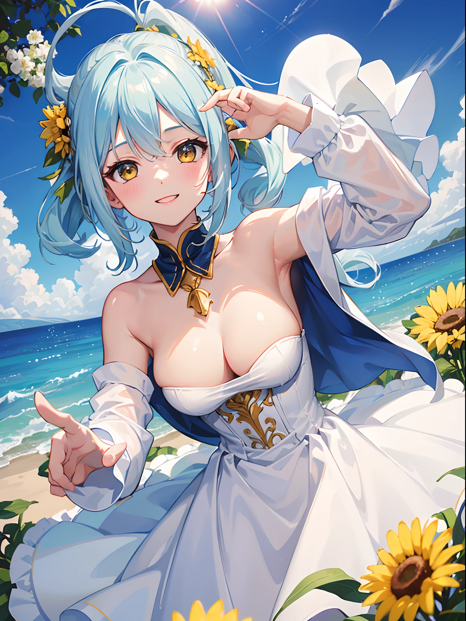 ((4K, master piece, Best Quality)), 1girl in, Light blue center part medium hair, Pony tail, Forehead, Pale yellow eyes, medium , beutiful breast,white dress, Smile, blush, Cute, ridge, sunny mid day, Sunlight