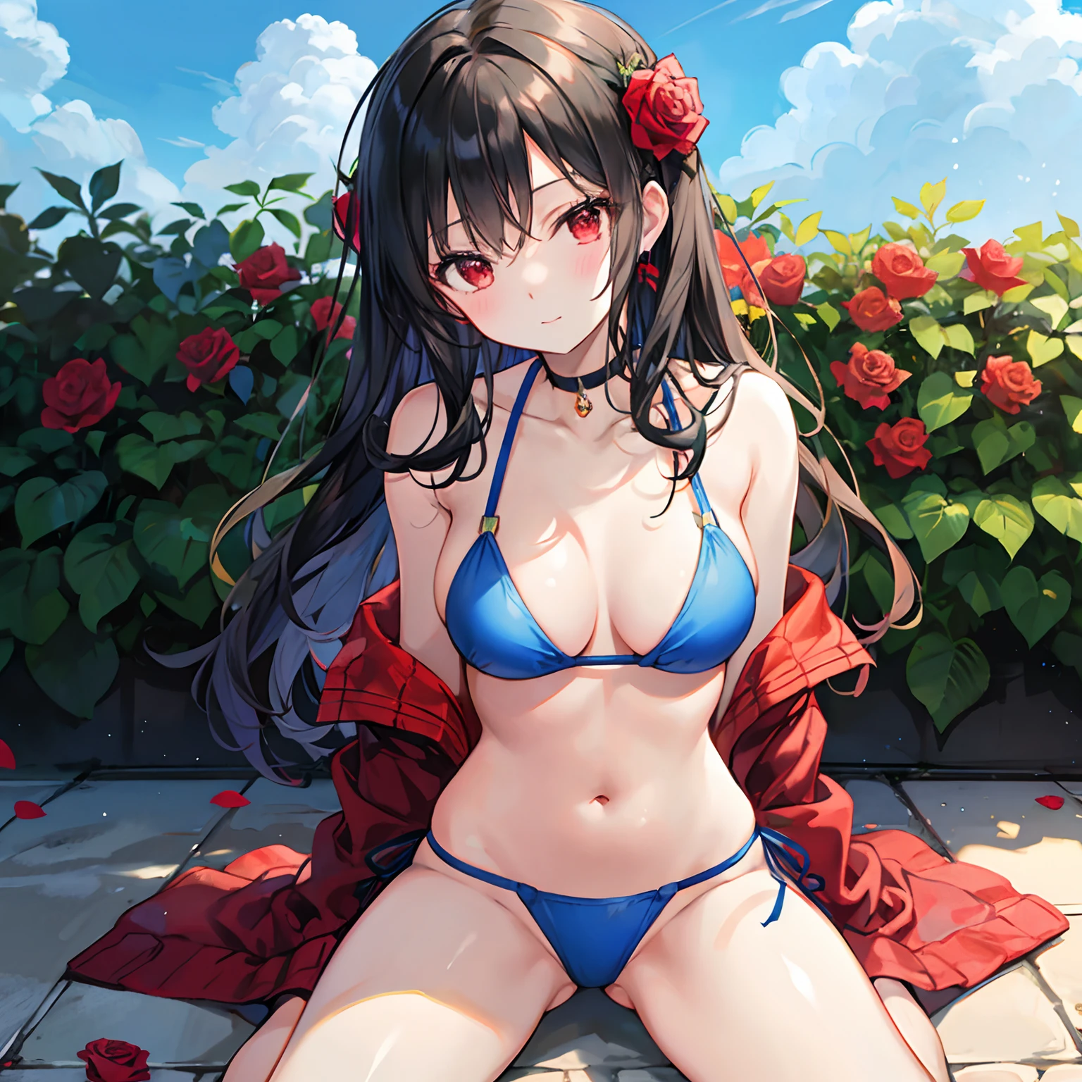 Wavy black hair、red eyes、Beautiful girl alone、Blue bikini、Bright red rose garden、 sitting on
