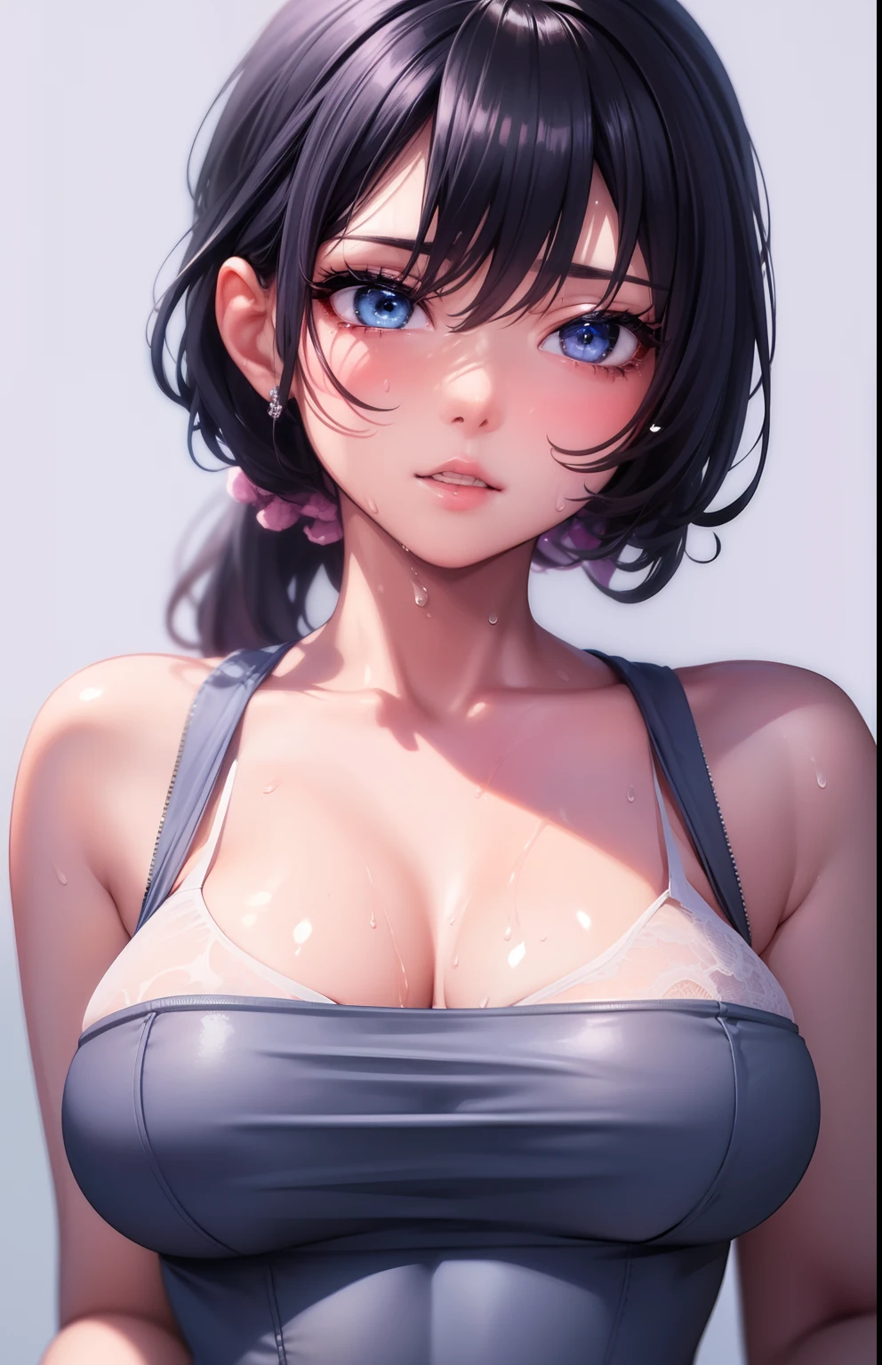 Beautiful girl, hot girl, detailed face, detailed eyes, detailed hair, detailed body, hanging boobs, change background, 8k, realistic, ultra realistic,  visible panties, visible swimsuit, ((she is sweating)