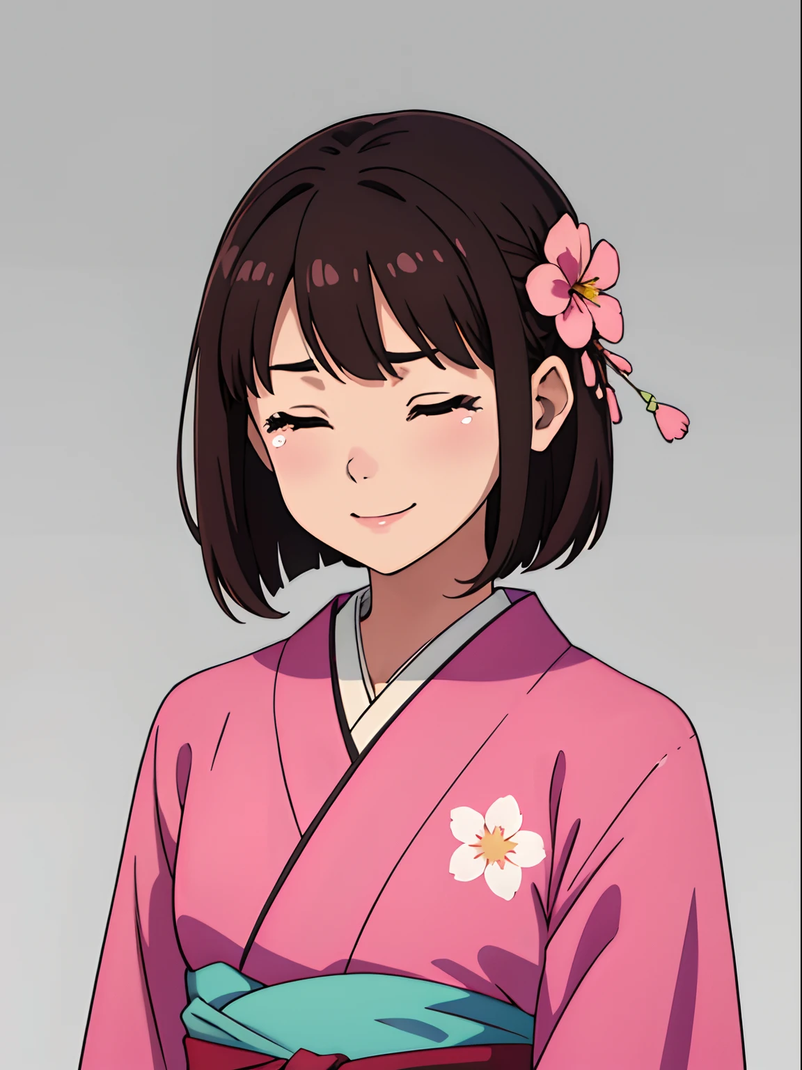 simple background、Gray background、1人の女性、(masterpiece、top-quality:1.2)、((facing front:1.2))、Eyes closed、Smile with your mouth wide open、Tears、Aligned bangs、Bob Hair、dark brown hair、Floral hair ornament、The eye:Pink Brown、Young woman at 、((The upper part of the body:1.2))、Promotional Art、offcial art、Pink kimono