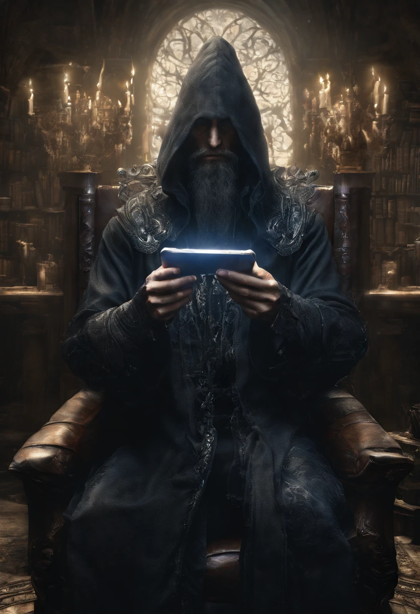 high details, best quality, 8k, [ultra detailed], masterpiece, best quality, (extremely detailed), dynamic angle, ultra wide shot, photorealistic, RAW, fantasy art, dnd art, fantasy art, realistic art, a wide angle picture of a wizard looking into his (smartphone:1.7) (intense details, Masterpiece, best quality: 1.6)  blue magical energy from the (((cell phone))) V0id3nergy  (intense details, Masterpiece, best quality: 1.5)  there is a crystal ball on the table,  human male wizard, fantasy wizard (intense details, Masterpiece, best quality: 1.5), D&D wizard, young human male (intense details, Masterpiece, best quality: 1.5), dynamic hair, dynamic eyes, wearing magical robe (intense details, Masterpiece, dynamic colors, ultra detailed face (intense details, Masterpiece, best quality: 1.5), in his laboratory (intense details, Masterpiece, best quality: 1.5), many magical tomes, magical library (intense details, Masterpiece, best quality: 1.5), many magical vials, ultra wide angle from a medium distance