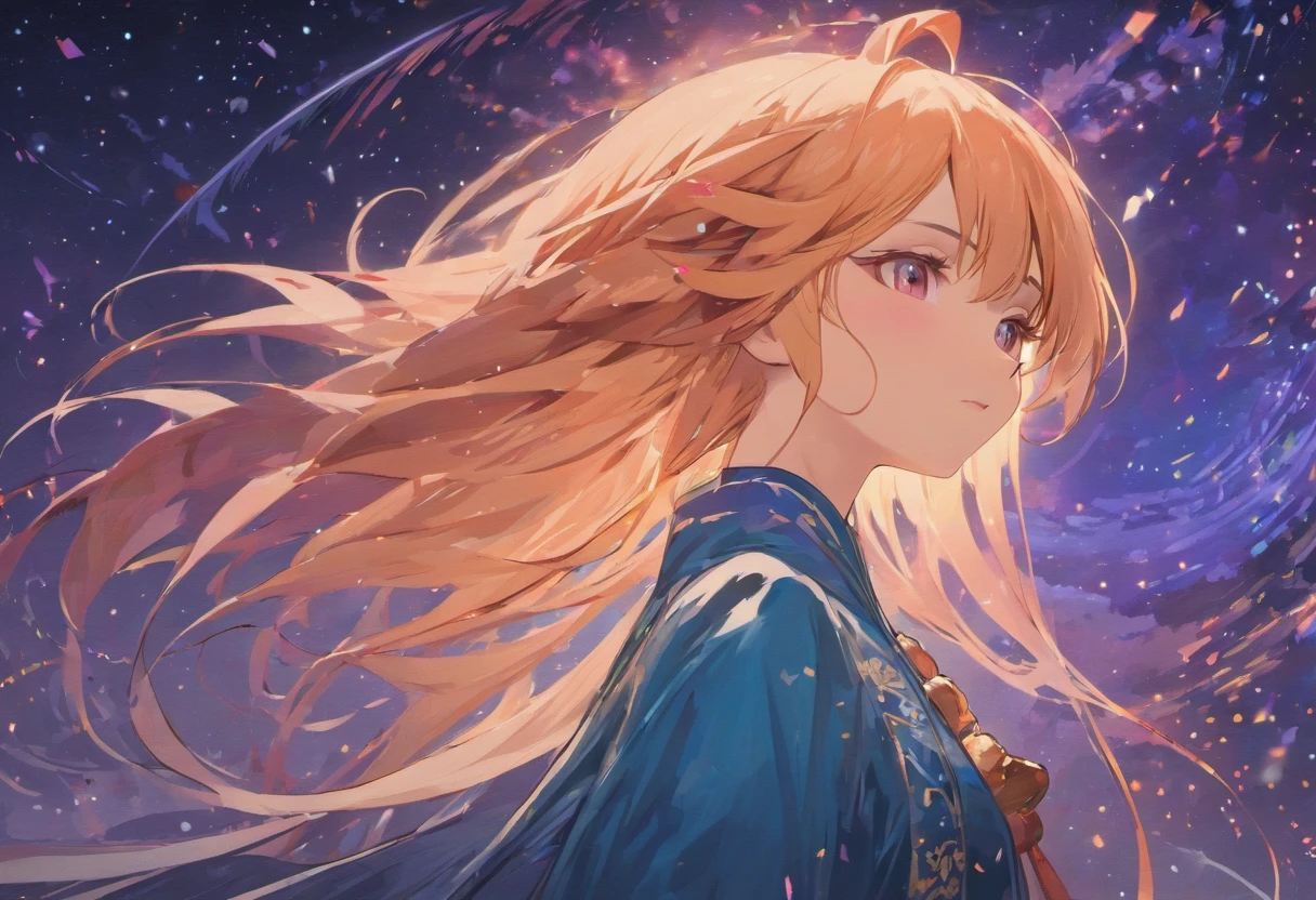 A silhouette with colorful long hair against the night sky background, with elements of the Orient. The artwork is inspired by Chinese illustrations and paper art, specifically quilting paper art. The design is visually appealing with clear lines and high sharpness. It is of the best quality and ultra-detailed in every aspect. The artwork is considered a masterpiece with movie light effects. The resolution is in 4K.
