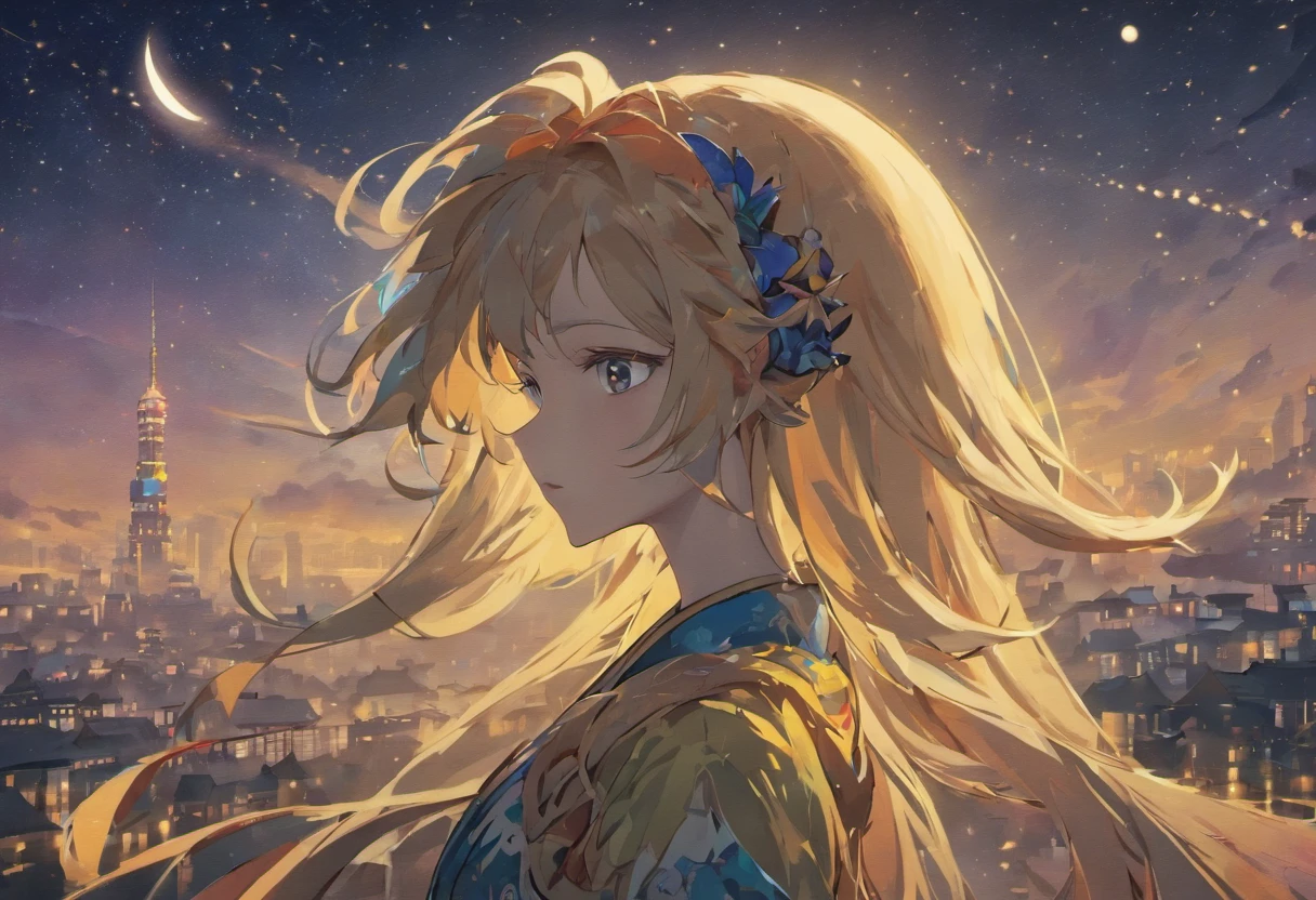 A silhouette with colorful long hair against the night sky background, with elements of the Orient. The artwork is inspired by Chinese illustrations and paper art, specifically quilting paper art. The design is visually appealing with clear lines and high sharpness. It is of the best quality and ultra-detailed in every aspect. The artwork is considered a masterpiece with movie light effects. The resolution is in 4K.
