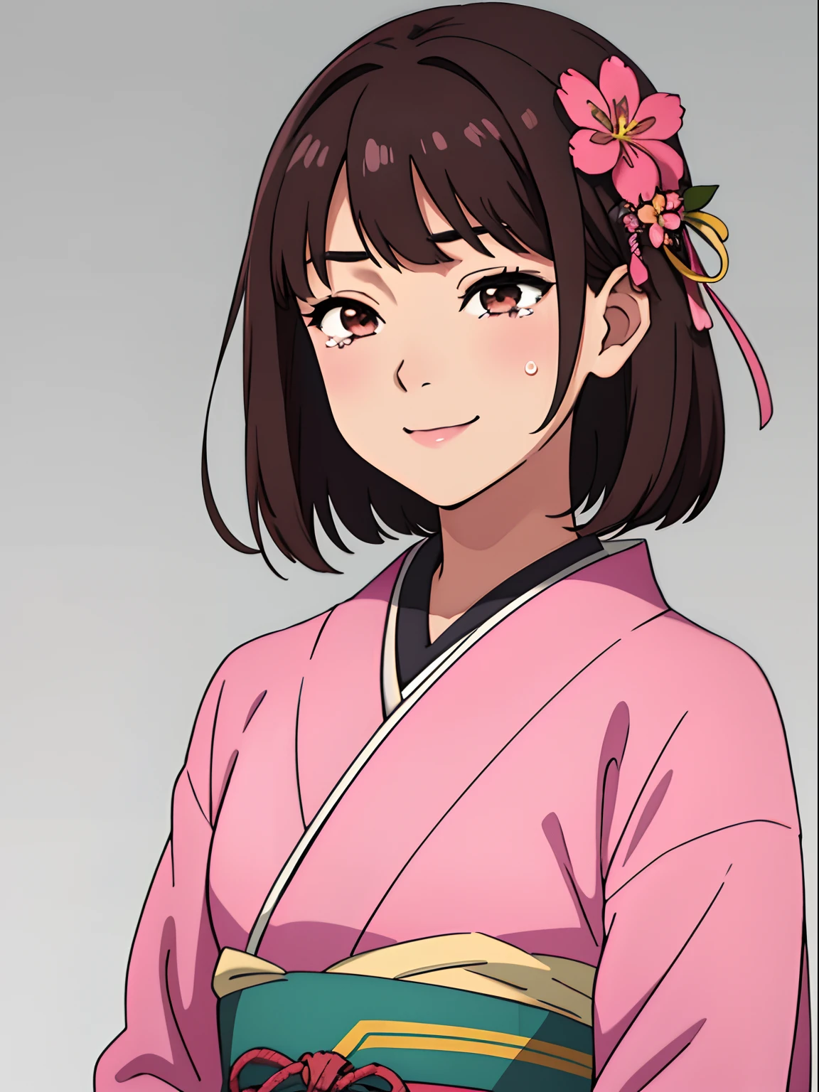 simple background、Gray background、1人の女性、(masterpiece、top-quality:1.2)、((facing front:1.2))、Eyes closed、Smile with your mouth wide open、Tears、Aligned bangs、Bob Hair、dark brown hair、Floral hair ornament、The eye:Pink Brown、Young woman at 、((The upper part of the body:1.2))、Promotional Art、offcial art、Pink kimono