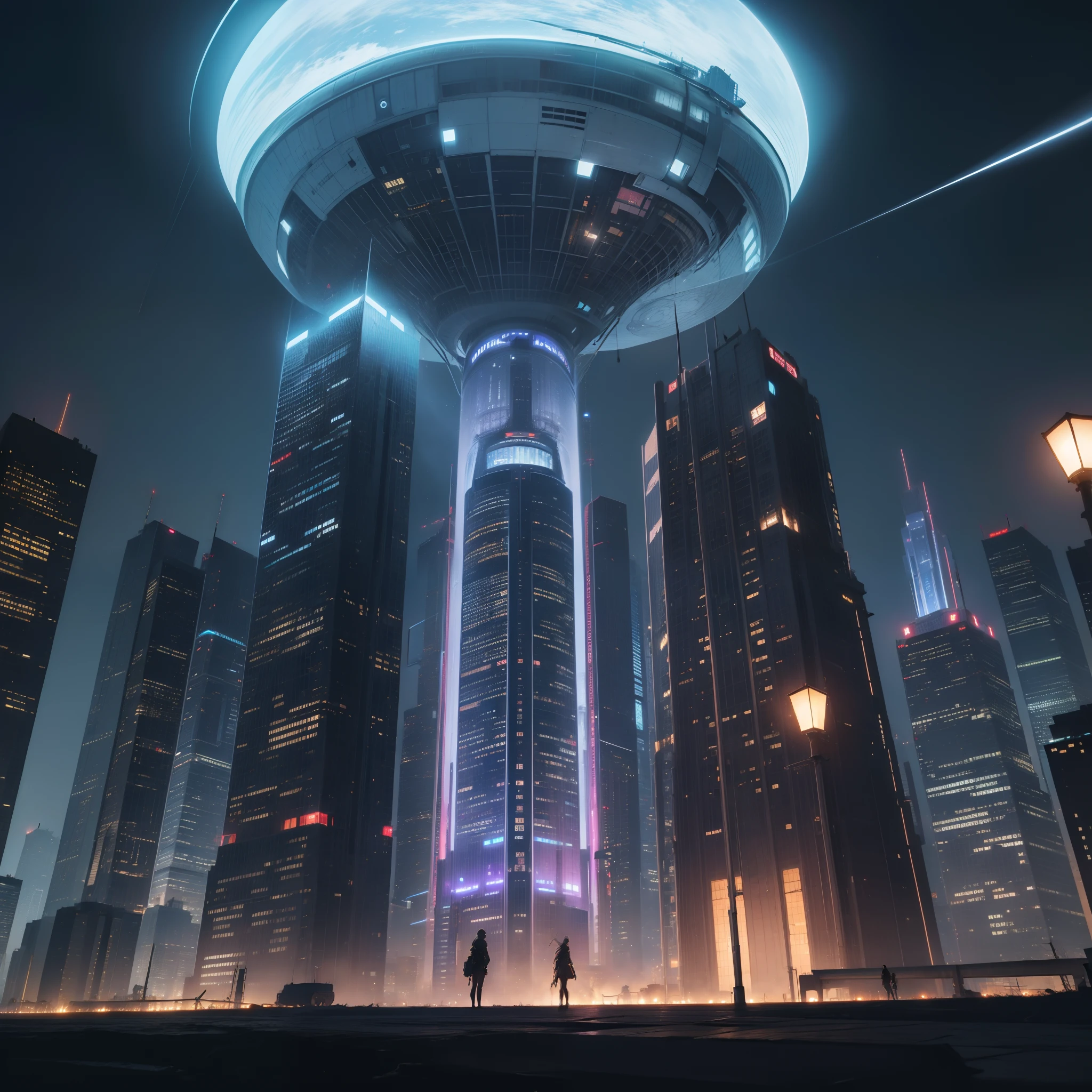 masutepiece, Super Detail, High quality, awardwinning, 8K, Photorealistic, Future Landmark Tower, Lit up, In the metropolis of the future, Port cities, From below, Futuristic, Using Curves, At night