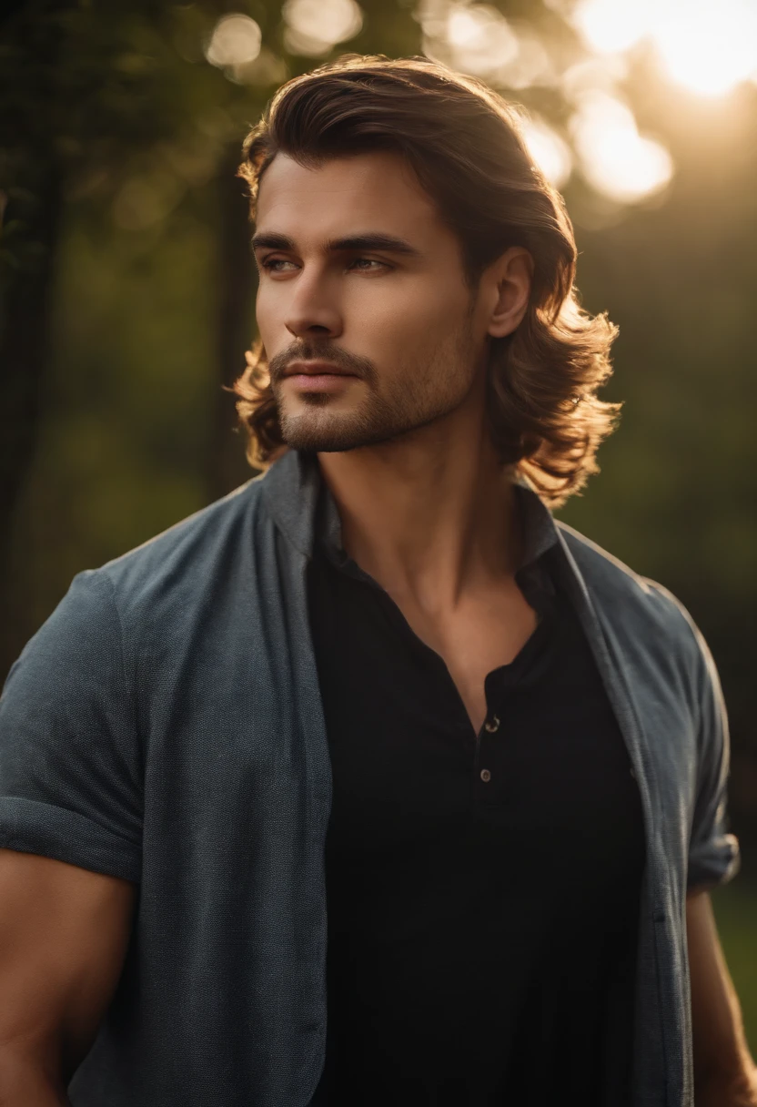 Handsome men 25-35 years old, In the park, mullet, Brown hair, Close up, Satellite image, back lit lighting, hyper HD, High quality, Best quality, A high resolution, 8K, 16k