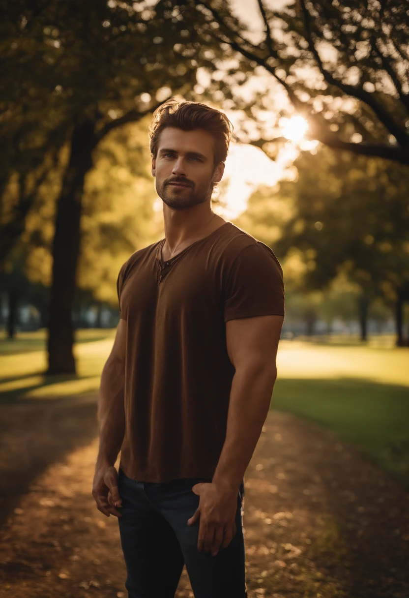 Handsome men 25-35 years old, In the park, mullet, Brown hair, Close up, Satellite image, back lit lighting, hyper HD, High quality, Best quality, A high resolution, 8K, 16k