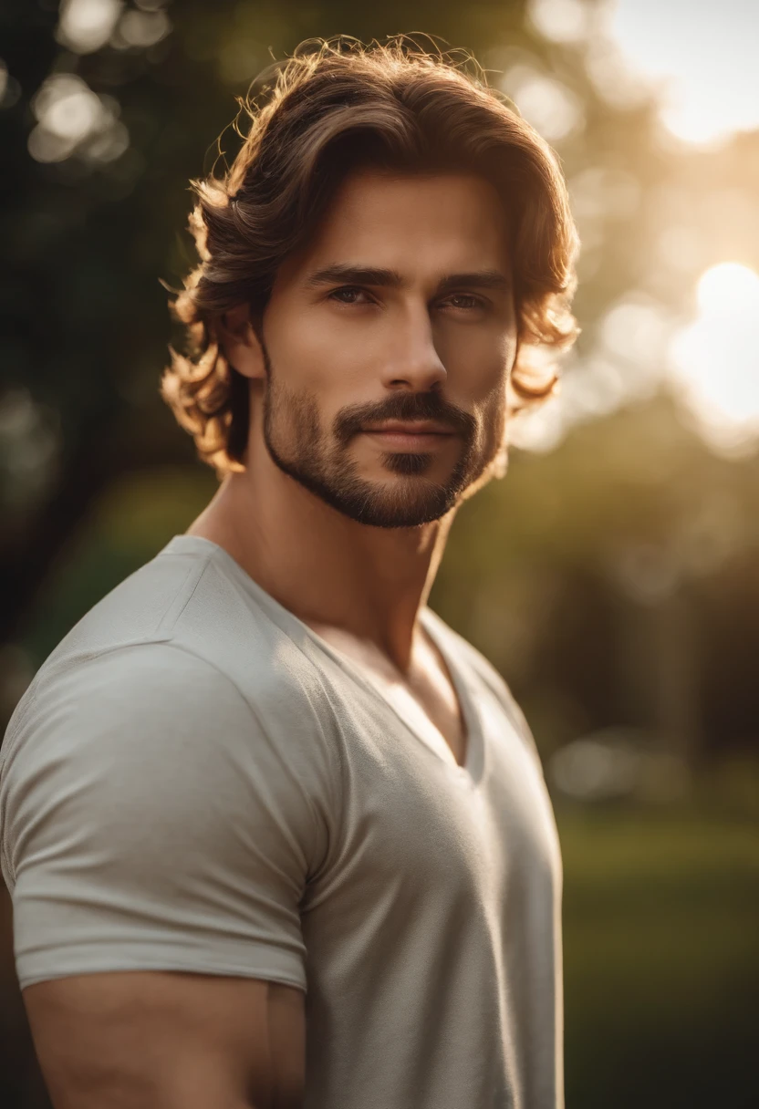 Handsome men 25-35 years old, In the park, mullet, Brown hair, Close up, Satellite image, back lit lighting, hyper HD, High quality, Best quality, A high resolution, 8K, 16k