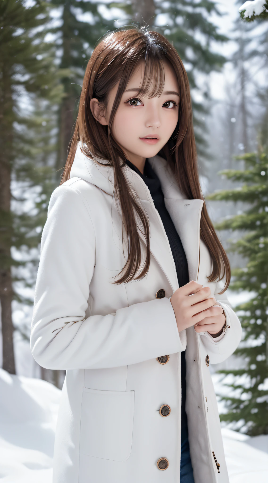 1womanl, (up of face:1.5), light brown hair, Blunt bangs, hair behind ear, hair over shoulder, Long hair, slender body shape, Ultra Fine Face, Thin face, Delicate lips, (beautidful eyes:1.5), thin blush, eyes are light brown,View here, Ultra-thin hands, Ultra-fine fingers, best ratio four finger and one thumb, (realisitic:1.3), white longcoat, muffler , gloves、Coniferous forest with heavy snowfall, It's snowing  .One-person viewpoint,  8K, masutepiece, nffsw, Super Detail, High quality, Best Quality, hight resolution,