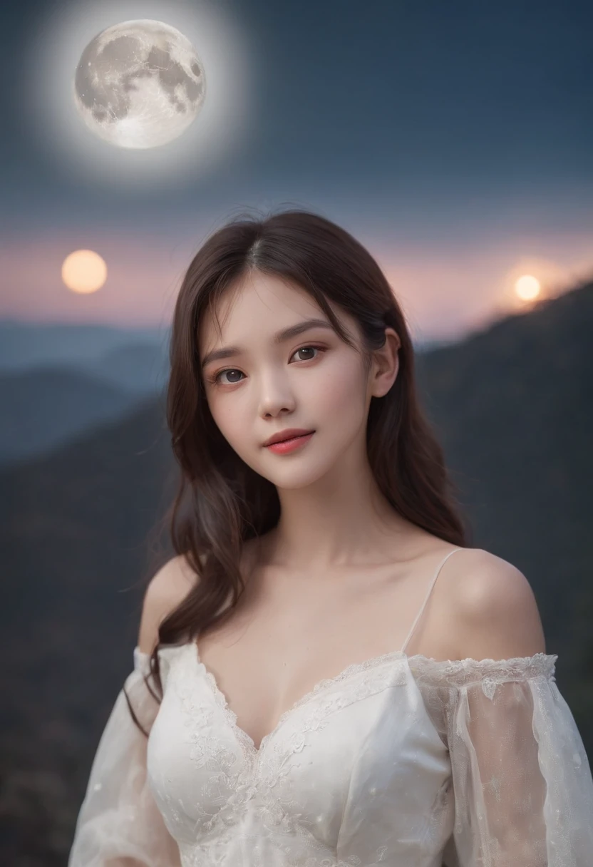 (One in a white dress,The chest is small and small,Long-haired girl with dark bangs 1.5)、(A girl smiled and looked up at the sky :1.3)、(low angle shot :1.5)、(beautiful full moon:1.5)、(Perfect anatomy:1.3)、(No mask:1.3)、(Complete fingers:1.3)、Photorealsitic、RAW photography、masutepiece、top-quality、A high resolution、delicate and pretty、face perfect、Beautiful detailed eyes、Fair skin、Real human skin、pores、((Thin legs))、(Dark hair)