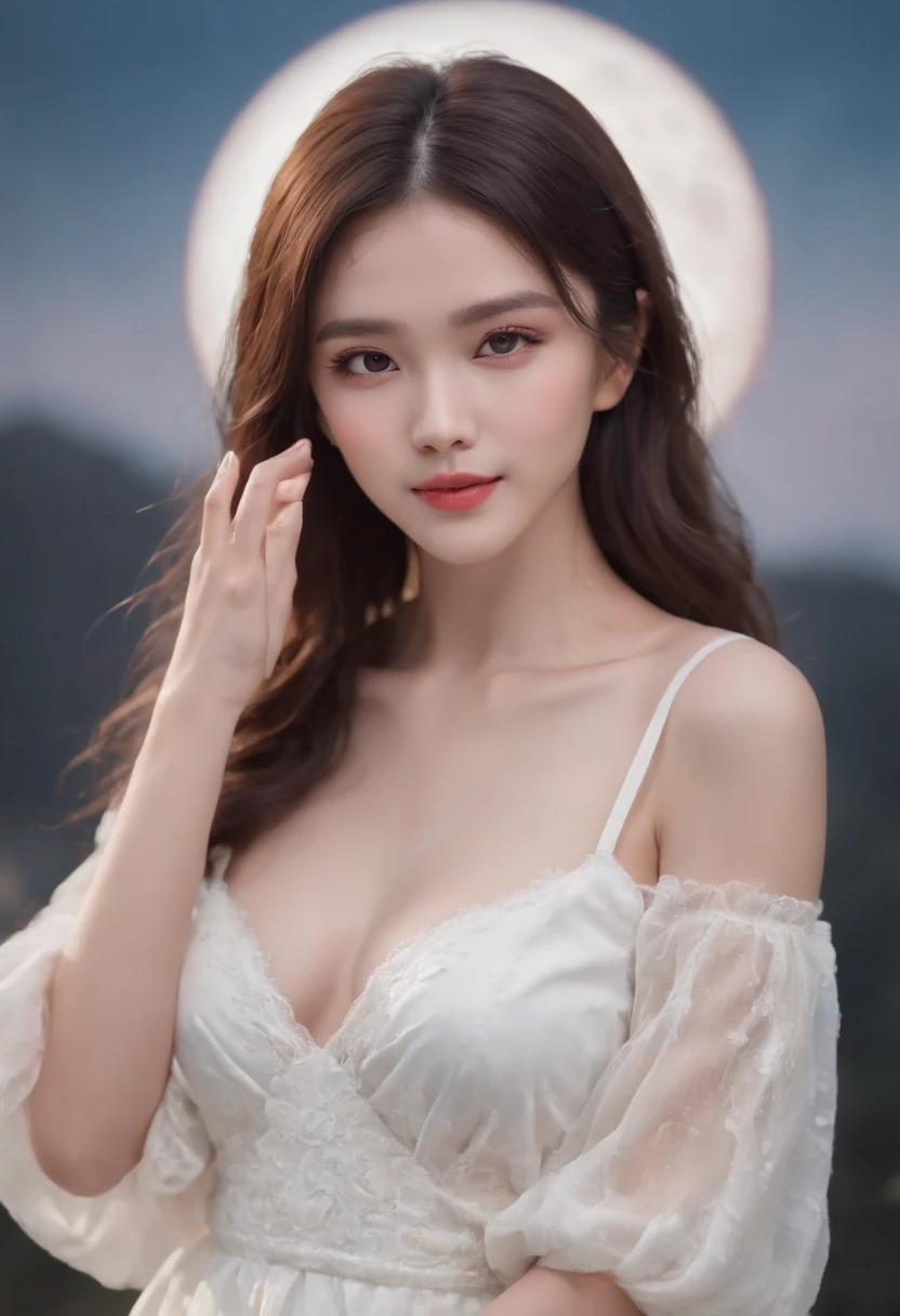 (One in a white dress,The chest is small and small,Long-haired girl with dark bangs 1.5)、(A girl smiled and looked up at the sky :1.3)、(low angle shot :1.5)、(beautiful full moon:1.5)、(Perfect anatomy:1.3)、(No mask:1.3)、(Complete fingers:1.3)、Photorealsitic、RAW photography、masutepiece、top-quality、A high resolution、delicate and pretty、face perfect、Beautiful detailed eyes、Fair skin、Real human skin、pores、((Thin legs))、(Dark hair)