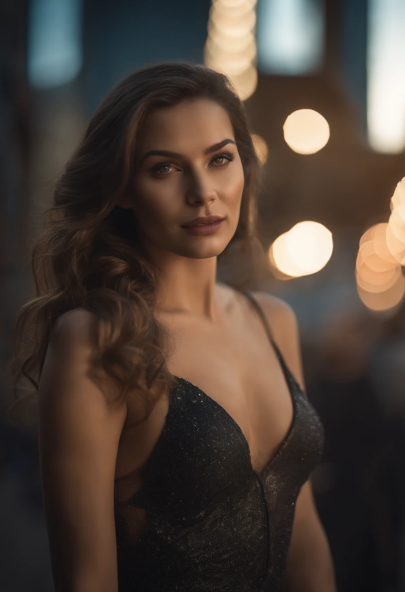 photo of a (slim thick) woman dancing on the dancefloor, smiling and dancing, nice ass, wide hips, slim waist, dim club background, high resolution, dramatic cinematic lighting