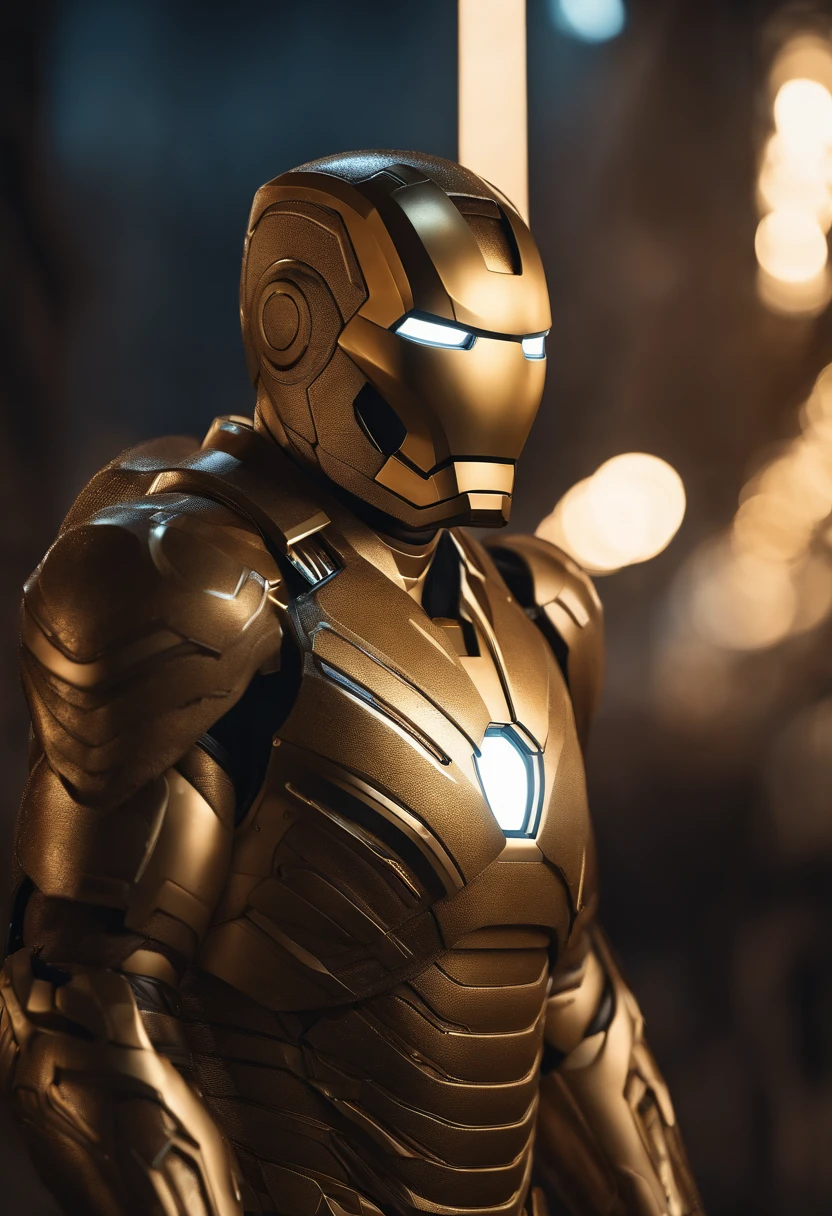 full body shot of iron man  in white and gold armour style suit, no mask on, white cape, looking at center camera, perfect composition, beautiful detailed intricate insanely detailed octane render trending on artstation, 8 k artistic photography, photorealistic concept art, soft natural volumetric cinematic perfect light, chiaroscuro, award - winning photograph, masterpiece, oil on canvas, raphael, caravaggio, greg rutkowski, beeple, beksinski, giger, trending on artstation, sharp focus, studio photo, intricate details, highly detailed, night city background, by greg rutkowski