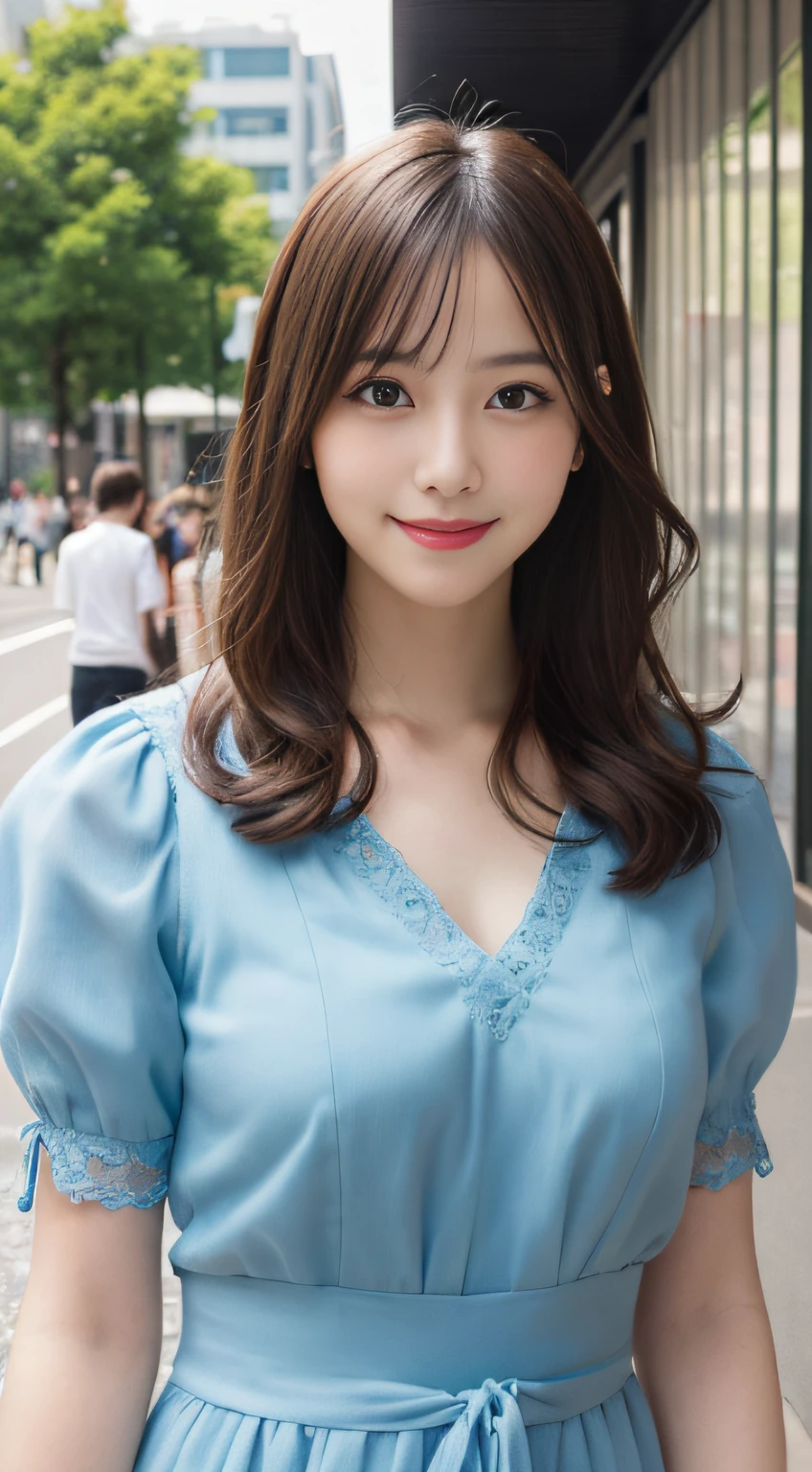 masutepiece, Best Quality, Illustration, Ultra-detailed, finely detail, hight resolution, 8K Wallpaper, Perfect dynamic composition, Beautiful detailed eyes, summer dress,Medium Hair, mideum breasts, Natural Color Lip, Random and sexy poses,Smile,Aoyama Street Walk、20 years girl