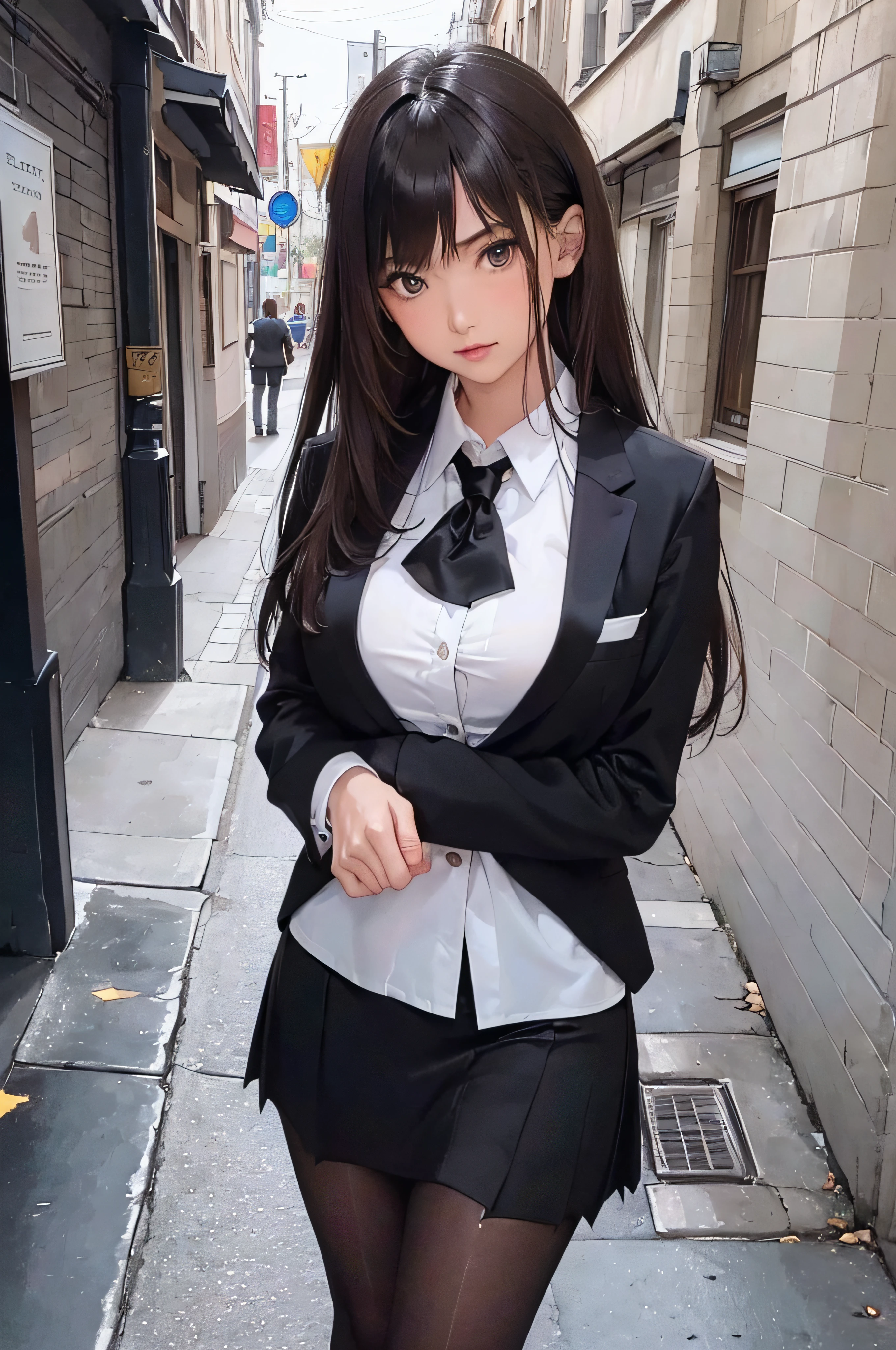 (1girl 24 years old:1.3), (photorealistic:1.4), (masterpiece, top quality, best quality, official art), extreme detailed, highest detailed, (ultra-detailed), ((an extremely delicate and beautiful)), cinematic light, (realisticlying:1.3), (highdetailskin:1.2), high resolution, 8K UHD, 4K, 8K, Bokeh, digital SLR camera, absurderes, Optimal proportions of four fingers and one thumb,
((silky long hair)), (brown hair), beautiful face, perfect face, highly detailed beautiful face,
Cute, shy,
walk around town, midnight,
dynamic angle, from above,
((Wearing a black formal blazer)), ((white blouse with collar)), cleavage, skirt, lacepantyhose, blue innner,
open legs a little,