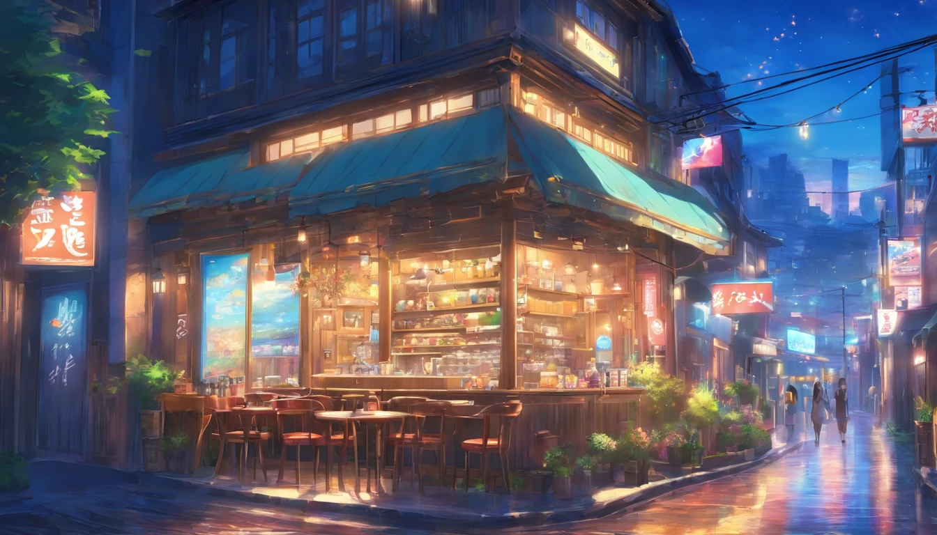 buliding，Cafe on the street，road，中景 the scene is，frontage