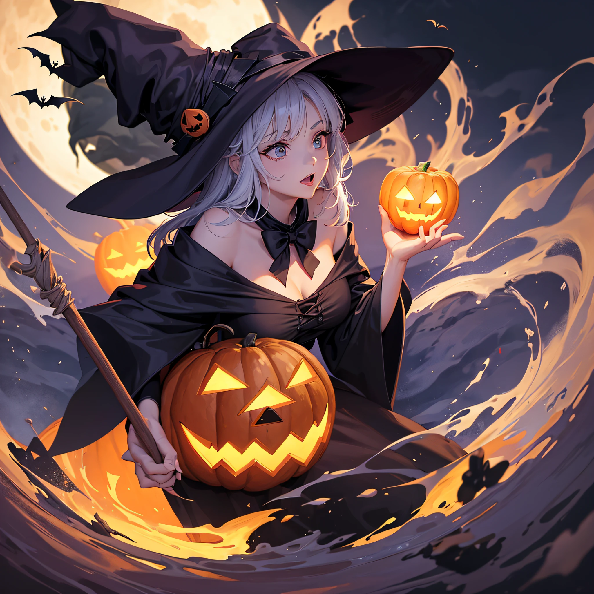 a Halloween vector background showcasing a witch's cauldron bubbling with potions under a full moon