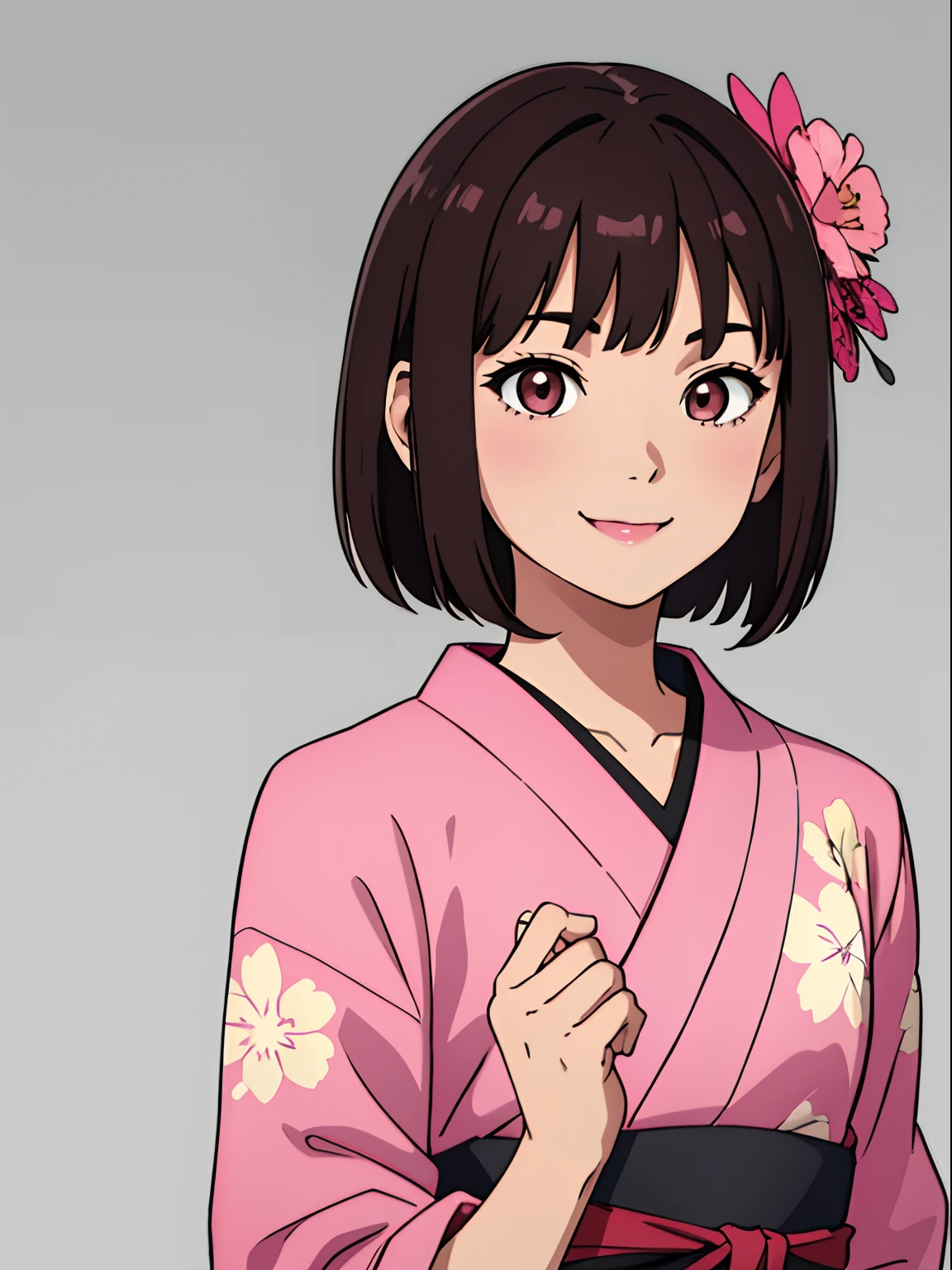 simple background、Gray background、1人の女性、(​masterpiece、top-quality:1.2)、((facing front:1.2))、A smile、Aligned bangs、Bob Hair、dark brown hair、Floral hair ornament、The eye:Pink Brown、Young woman at 、((The upper part of the body:1.2))、Promotional Art、offcial art、Pink kimono、Holding a pink phone in your hand