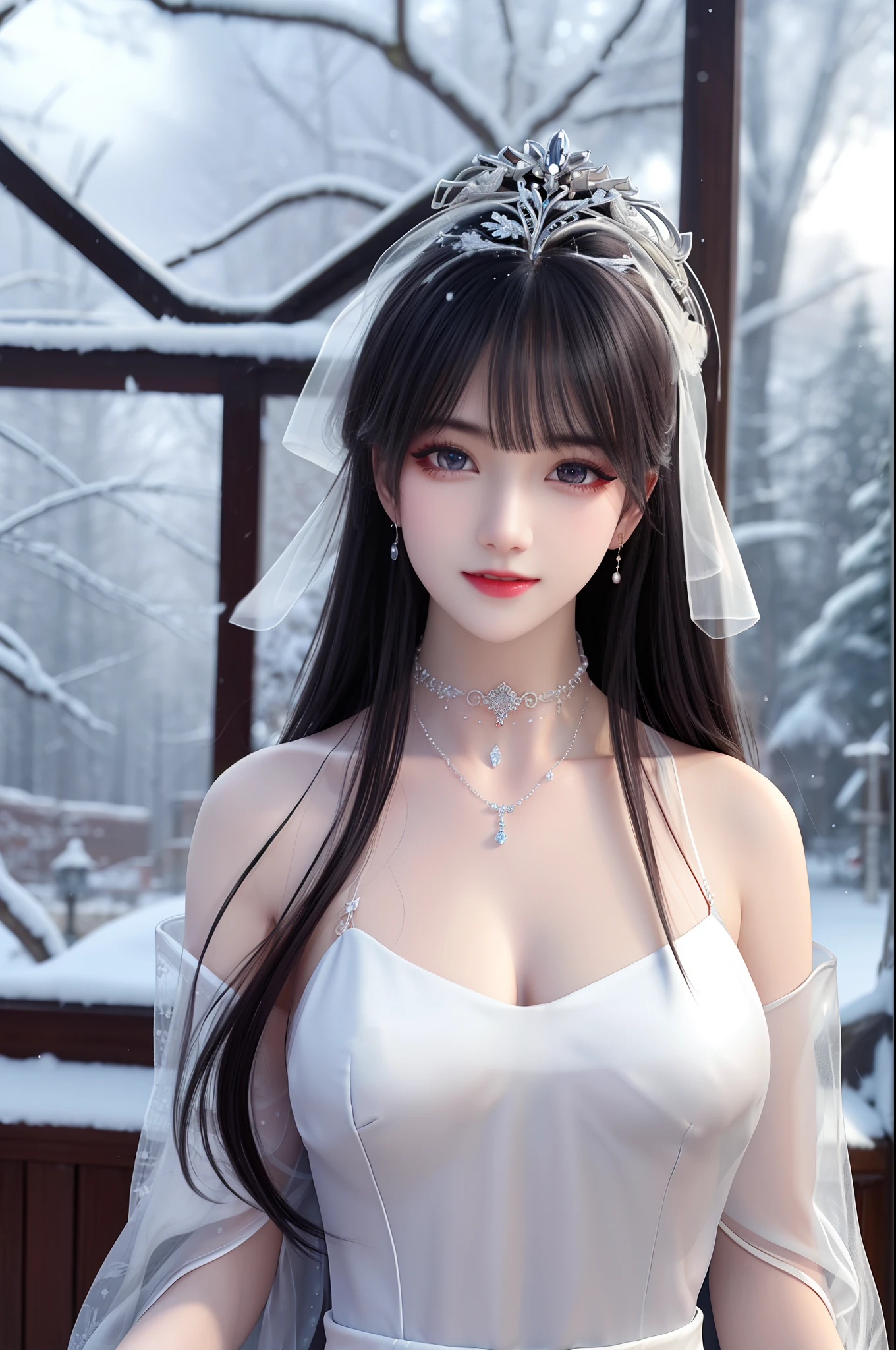best qualityer,8K, tmasterpiece, A high resolution, 1girll, Clear silk porcelain dress, Fur coat, hair adornments, ssmile, Keep one's mouth shut, cparted lips,Large breasts,Shoulder, shift dresses, hair adornments, choker necklace, jewely, Chinese outfit, long whitr hair, 耳Nipple Ring, Detailed beautiful eyes, detailed eyelashes, beautiful face,after sexing_Body, Tyndall effect,realisticlying, edge lit, twotonelighting,(highdetailskin:1.2), 8K, Ultra HD, digital SLR camera, gentle illumination, high high quality, Volumetriclighting, Frankness, photore, A high resolution, Bokeh, at a forest, Falling snow, Winters, in the afternoon
