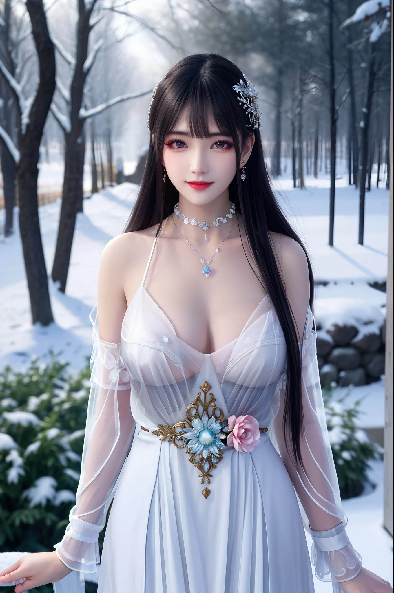 best qualityer，8K， tmasterpiece， A high resolution， 1girll， Clear silk porcelain dress， Fur coat， hair adornments， ssmile， Keep one's mouth shut， cparted lips，Large breasts，Shoulder， shift dresses， hair adornments， choker necklace， jewely， Chinese outfit， long whitr hair， 耳Nipple Ring， Detailed beautiful eyes， detailed eyelashes， beautiful  face，after sexing_Body， Tyndall effect，realisticlying， edge lit， twotonelighting，（highdetailskin：1.2）， 8K, Ultra HD， digital SLR camera， gentle illumination， high high quality， Volumetriclighting， Frankness， photore， A high resolution， Bokeh， at a forest， Falling snow， Winters， in the afternoon
