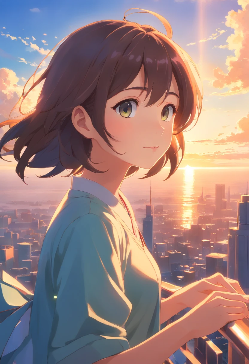 ​masterpiece、top-quality、Movie stills、1girl、Castle in the sky、a closeup、发光、happiness、Warm soft lighting、the setting sun、(Spark:0.7)
