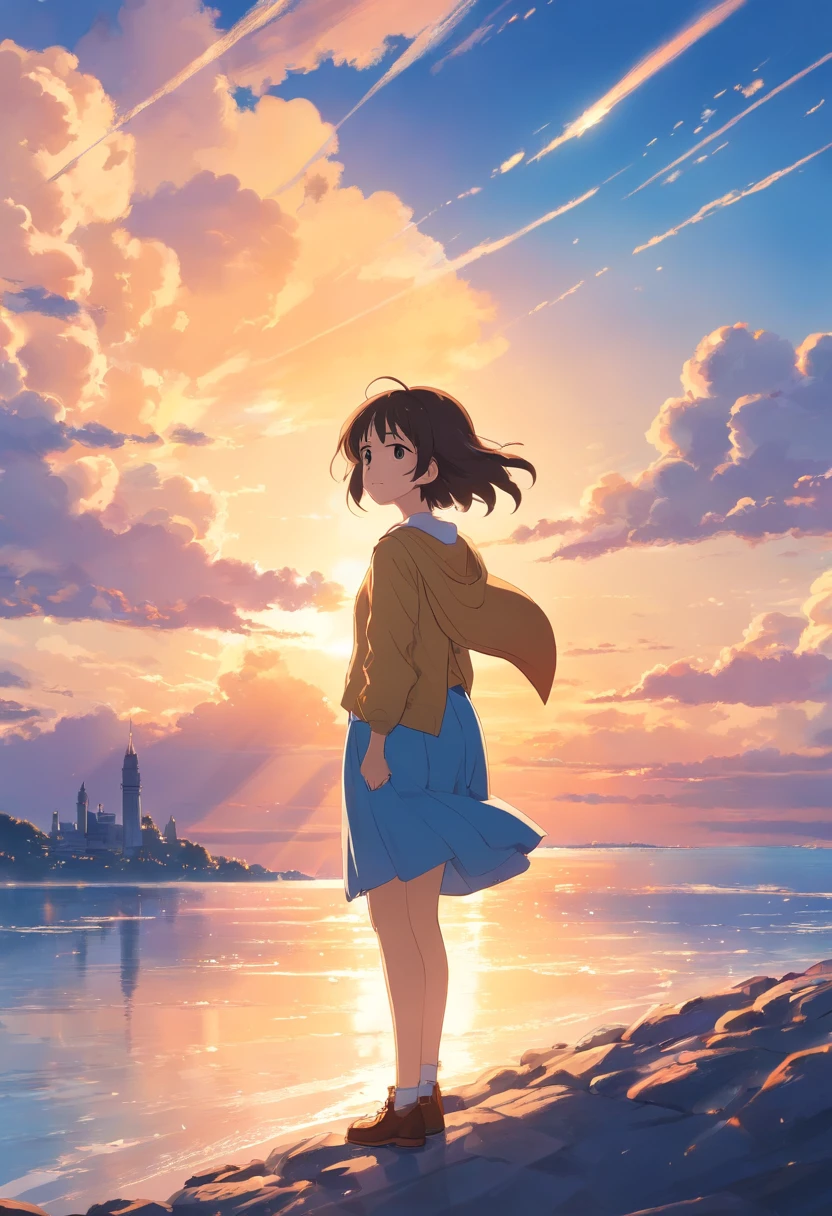 ​masterpiece、top-quality、Movie stills、1girl、Castle in the sky、a closeup、发光、happiness、Warm soft lighting、the setting sun、(Spark:0.7)