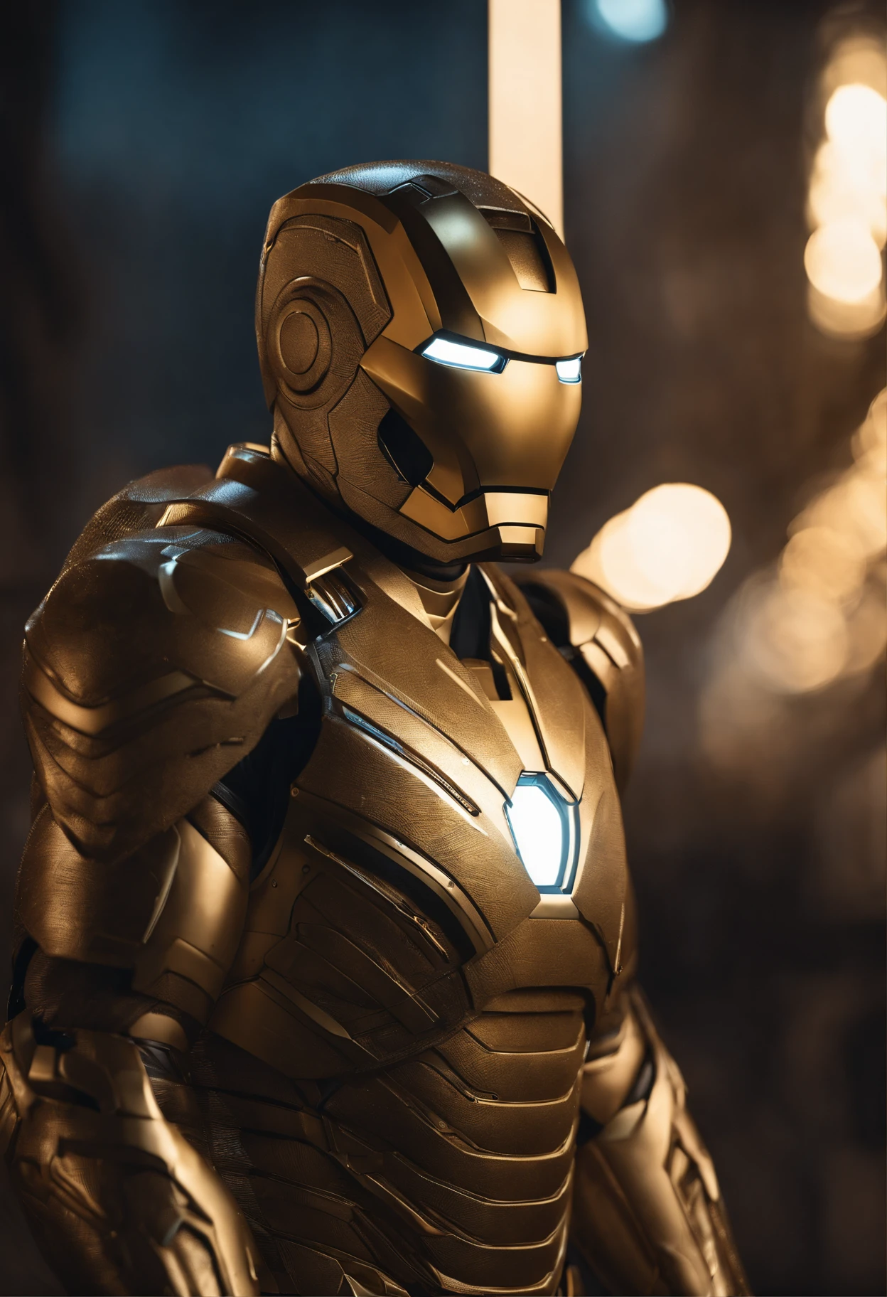 full body shot of iron man in white and gold armour style suit, no mask on, white cape, looking at center camera, perfect composition, beautiful detailed intricate insanely detailed octane render trending on artstation, 8 k artistic photography, photorealistic concept art, soft natural volumetric cinematic perfect light, chiaroscuro, award - winning photograph, masterpiece, oil on canvas, raphael, caravaggio, greg rutkowski, beeple, beksinski, giger, trending on artstation, sharp focus, studio photo, intricate details, highly detailed, night city background, by greg rutkowski