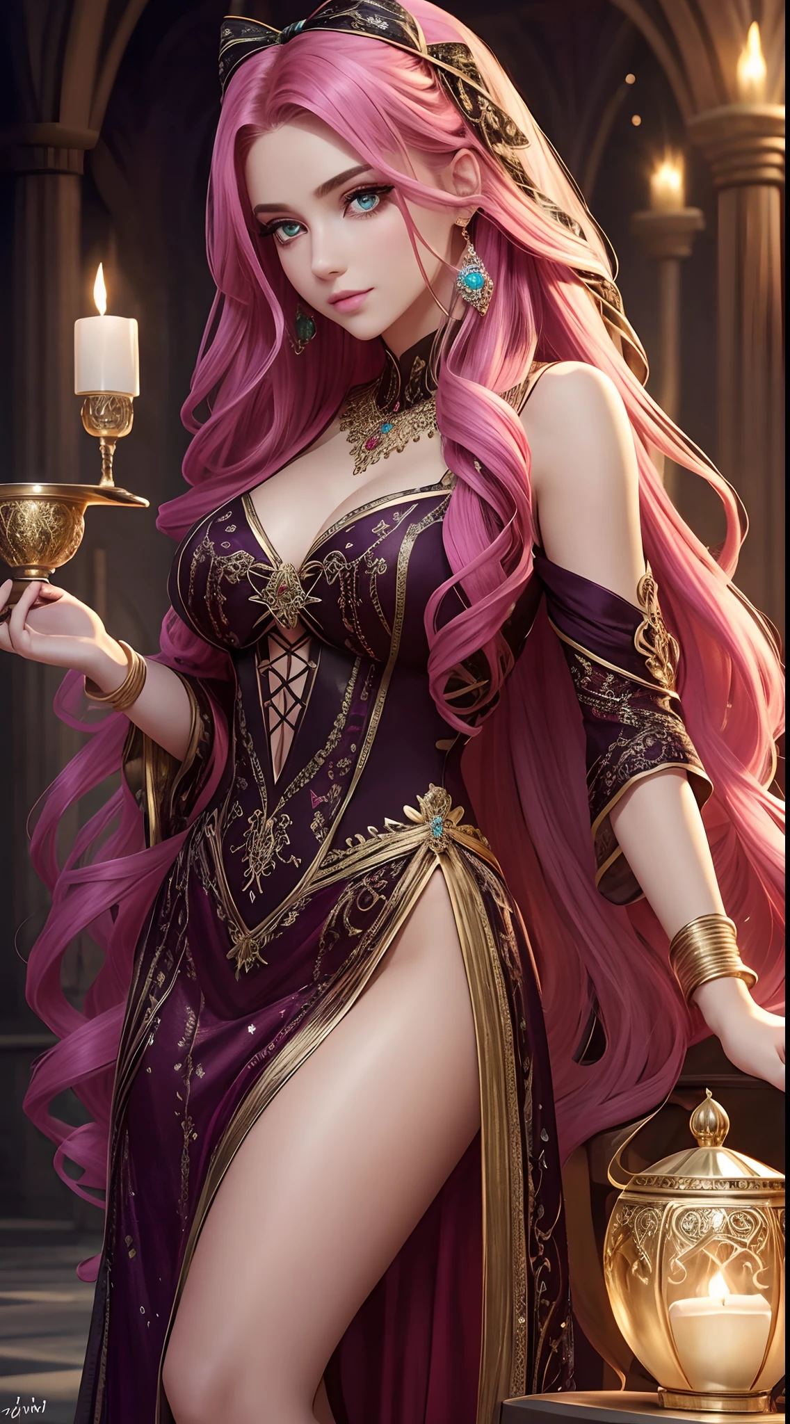 1girll, Long_Hair, Bright_Hair_Color, Seductive_Eyes, mysterious_expression, mature_Appearance, Glamorous_Outfit, Flowing_dress, elegant_jewelry, Intricate_decor, magic_sigature, Glowing_Accessories, potion, pergaminhos, Cute_accent, the bow, Ribbons, Flowers,