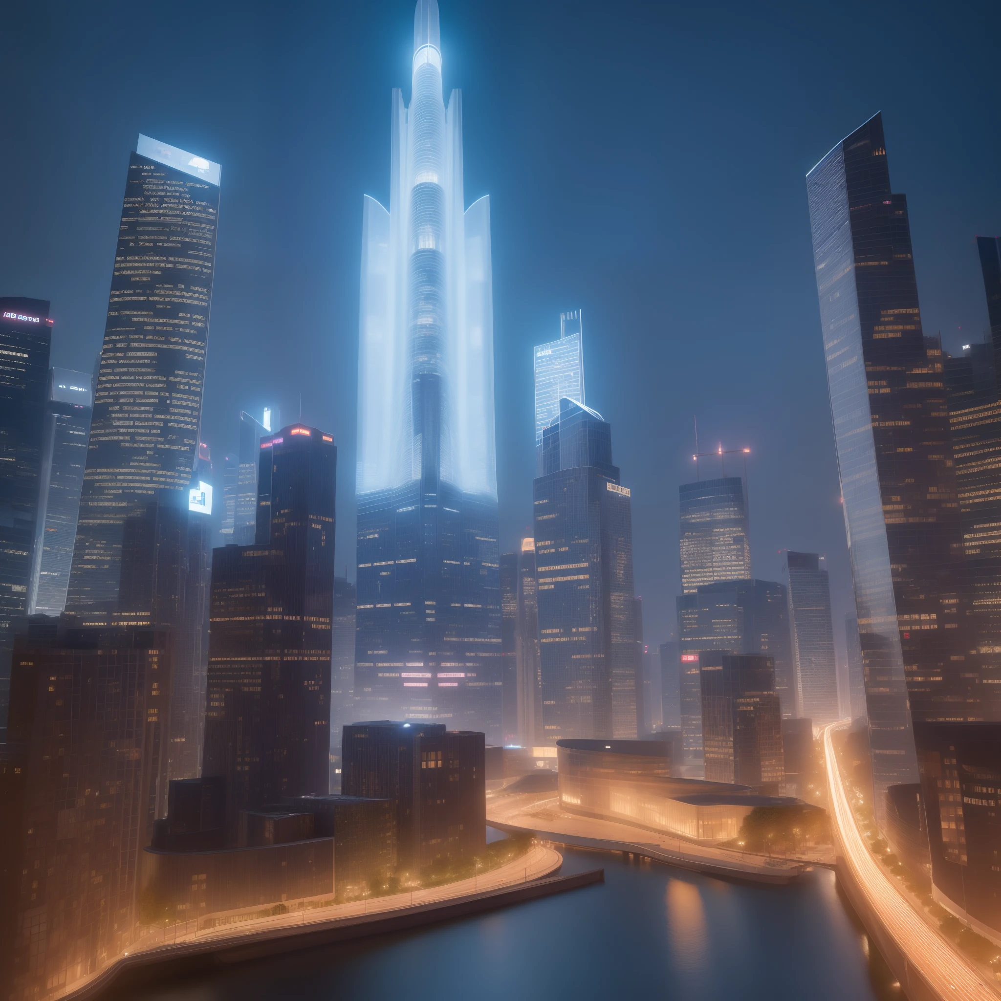 masutepiece, Super Detail, High quality, awardwinning, 8K, Photorealistic, Future Landmark Tower, Lit up, In the metropolis of the future, Port cities, From below, Futuristic, Using Curves, At night