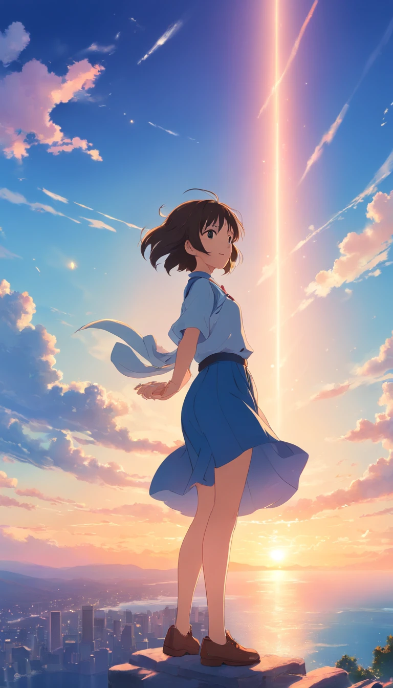 masterpiece、top-quality、Movie stills、1girl in、Castle in the Sky、a closeup、发光、Happiness、Warm and soft lighting、the setting sun、(Spark:0.7)