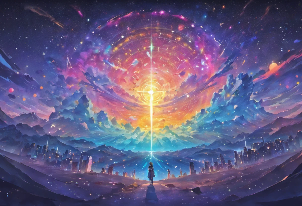 Colorful starry world without humans on night sky background、The artwork is、Inspired by paper art, Especially quilted paper art. The design is、Visually appealing with clear lines and high sharpness. It is of the highest quality and、Very detailed in every aspect. The artwork is、Considered a masterpiece with cinematic light effects. The resolution is 4K.