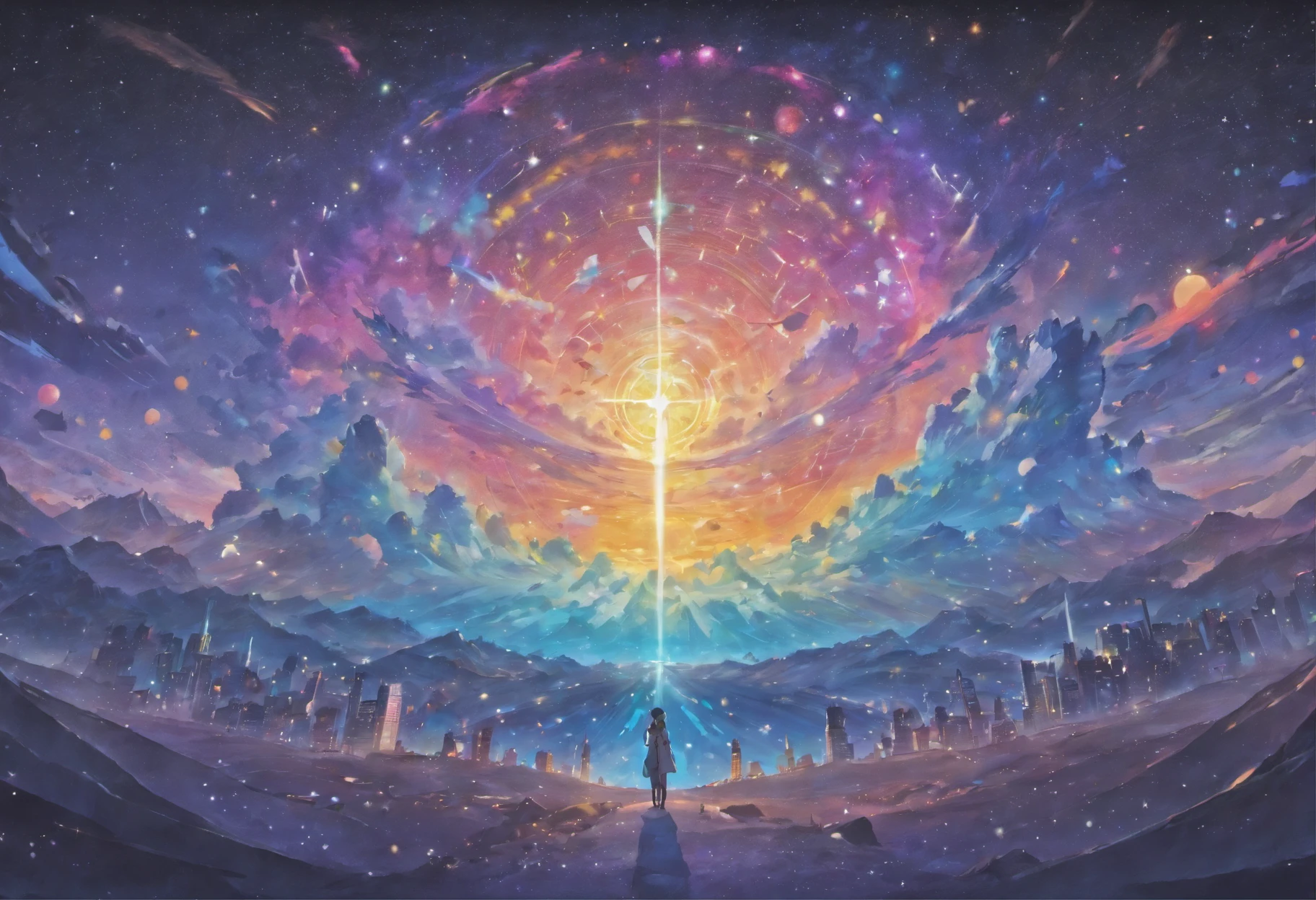 Colorful starry world without humans on night sky background、The artwork is、Inspired by paper art, Especially quilted paper art. The design is、Visually appealing with clear lines and high sharpness. It is of the highest quality and、Very detailed in every aspect. The artwork is、Considered a masterpiece with cinematic light effects. The resolution is 4K.