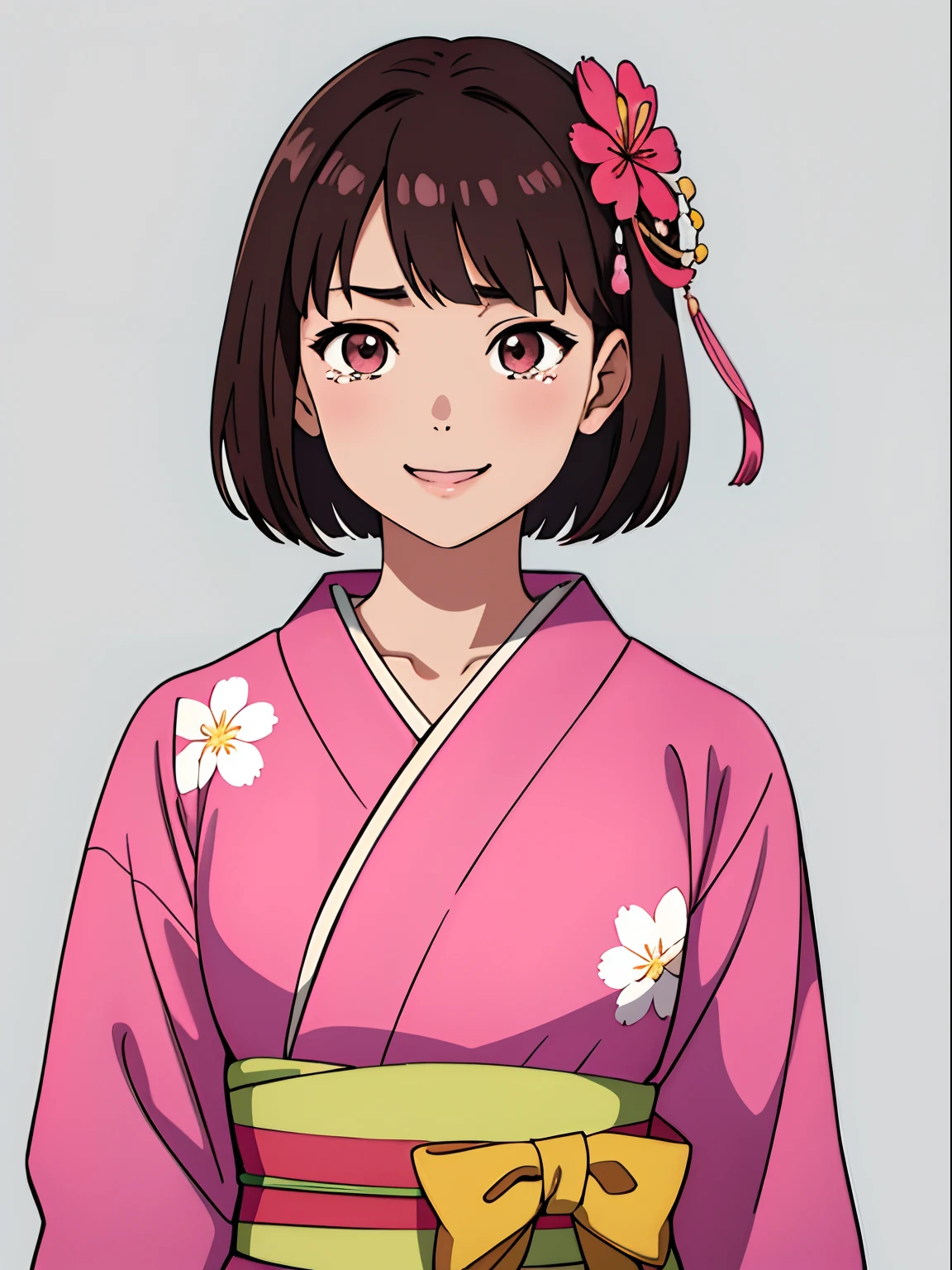simple background、Gray background、1人の女性、(masterpiece、top-quality:1.2)、((facing front:1.2))、Smile with your mouth wide open、tears、Aligned bangs、Bob Hair、dark brown hair、Floral hair ornament、The eye:Pink Brown、Young woman at 、((The upper part of the body:1.2))、Promotional Art、offcial art、Pink kimono