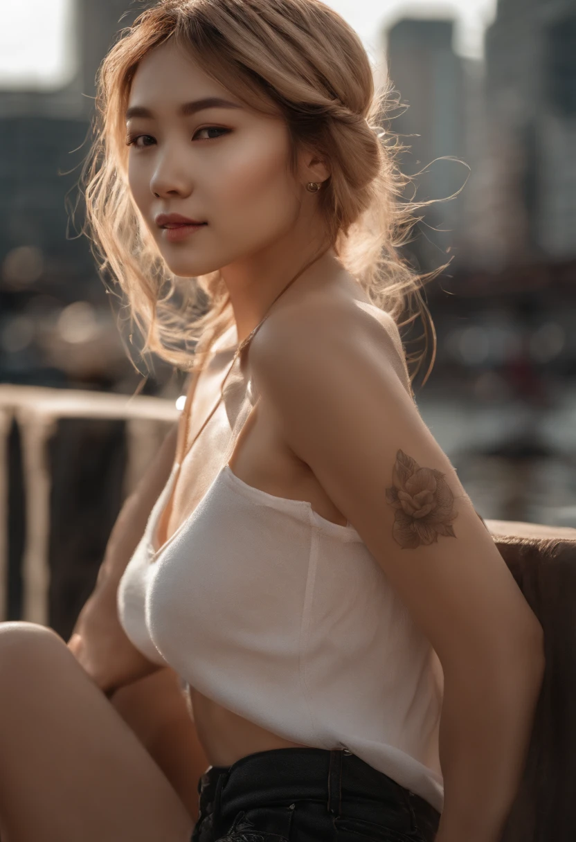 (8k, raw photo), film grain, ultra high res, ultra-detailed, (ultra skin details),incredibly absurdres, strong rim light,Asian, slim girl, seductive smile, stare, small breasts, tattoo, braided hair, blonde hair, ((light brown hair)), (photorealistic:1.3) sunlight,1girl, instagram, outdoors, (black shirt:1.2), (((city))),(extremely detailed face), (bangs),bare body