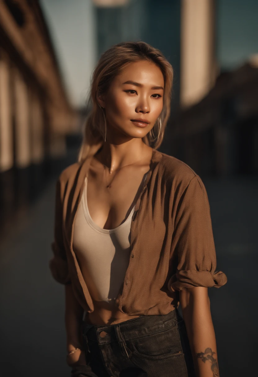 (8k, raw photo), film grain, ultra high res, ultra-detailed, (ultra skin details),incredibly absurdres, strong rim light,Asian, slim girl, seductive smile, stare, small breasts, tattoo, braided hair, blonde hair, ((light brown hair)), (photorealistic:1.3) sunlight,1girl, instagram, outdoors, (black shirt:1.2), (((city))),(extremely detailed face), (bangs),bare body