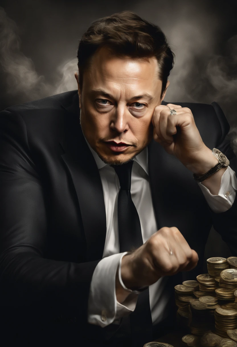 elon musk fighting against money, oil painting, harsh brushstrokes, dramatic lighting, intense expression, determined eyes, clenched fists, sweat dripping down his face, wrinkled suit, broken chains, crumbling dollar bills, crumbling stock market graph, smoke rising in the background, black and white with a touch of gold, realism. (best quality, highres, ultra-detailed), (realistic:1.37), professional, vivid colors.