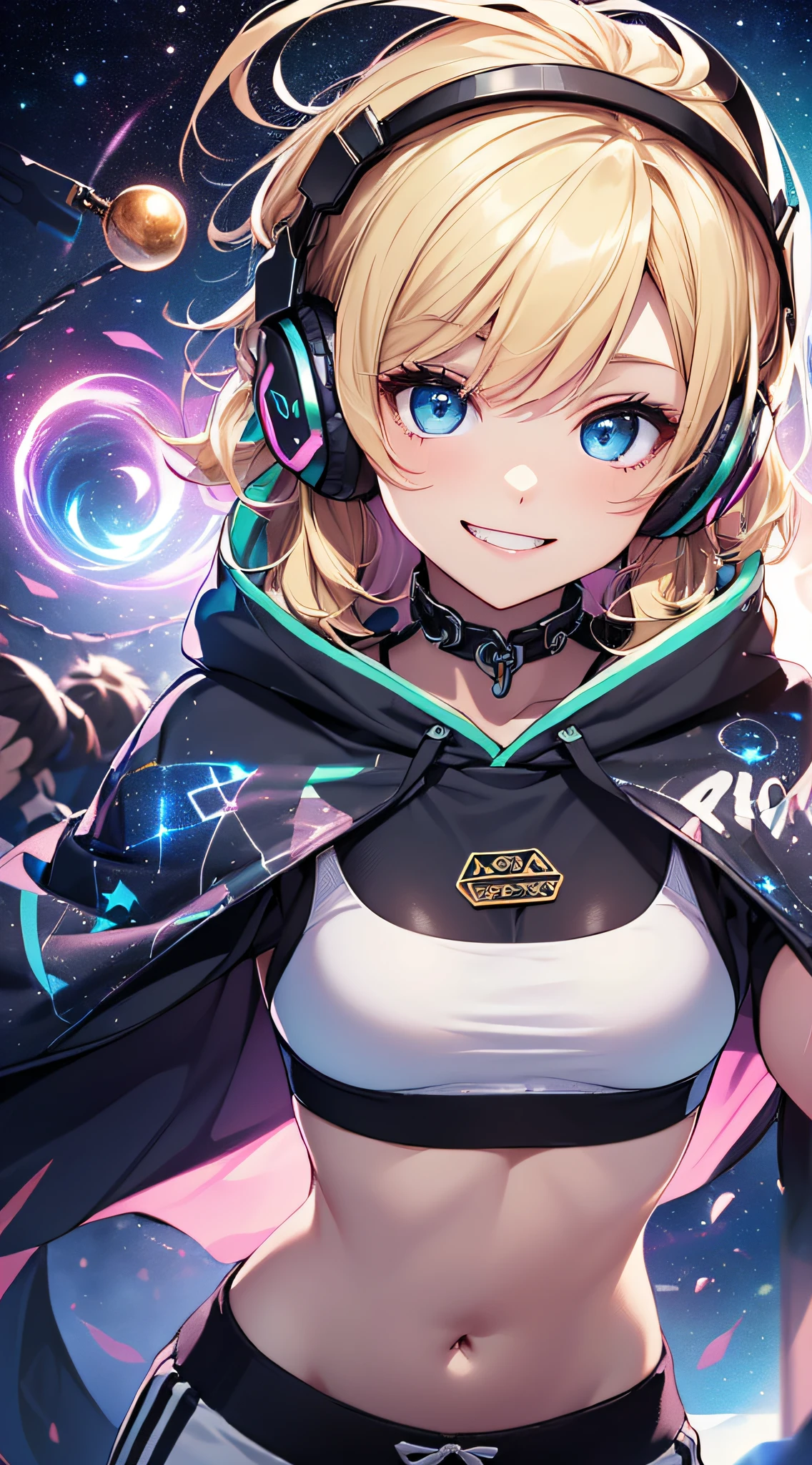 top-quality、Top image quality、​masterpiece、girl with((18year old、Black navel exposes short sleeve hoodie、Sportsbra、White pants、Best Bust、Bust 90、a blond、Semi-long、Blue eyes、open chest wide、Happiness、Luminous Chain Accessories、Put on headphones、Cosmic Accessories、weightless、fists up、The best smile）hiquality、visualart、Background with(spaces、stele々、kosmos))、masutepiece、Best graphics、Super delicate
