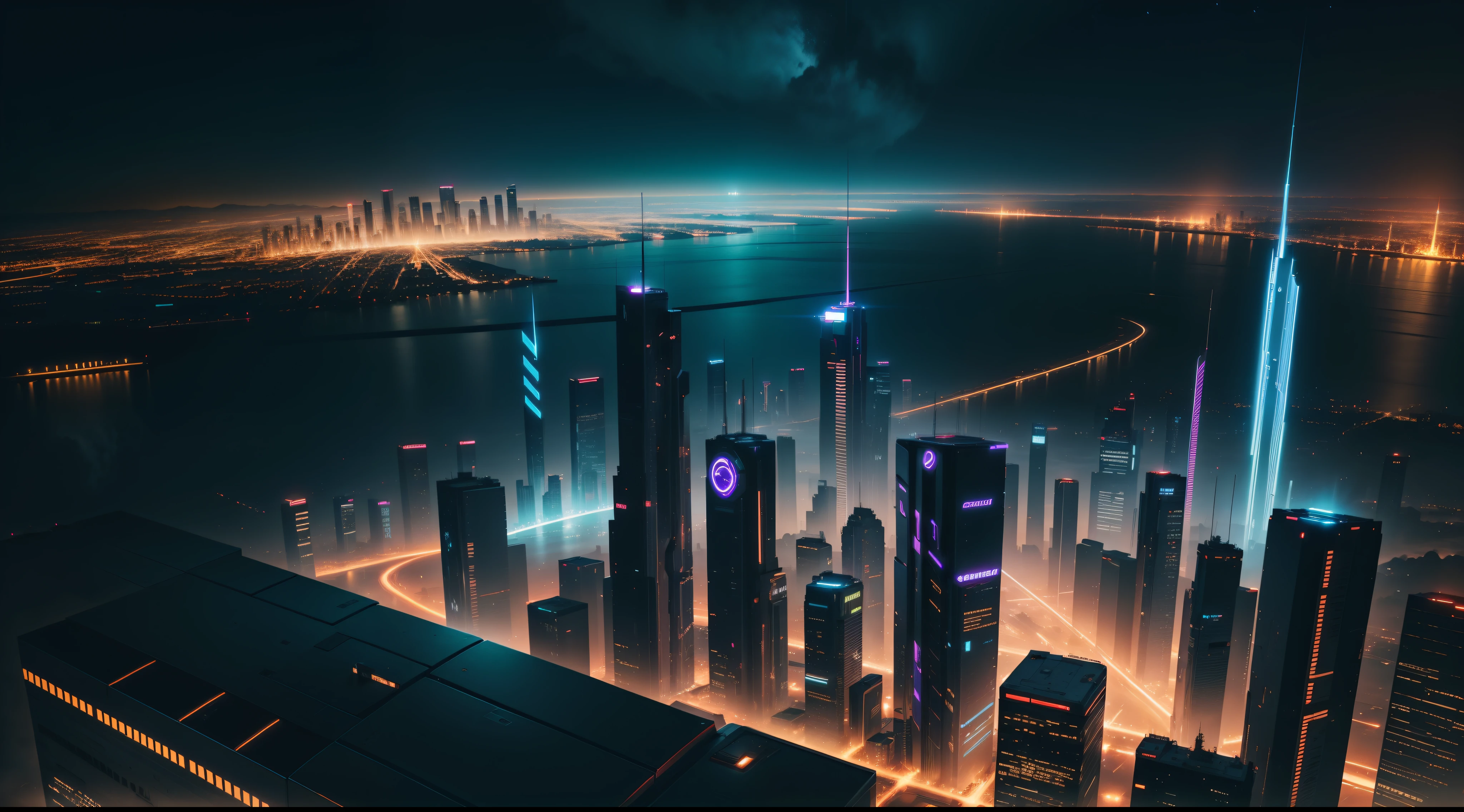 Top view, night city, cyberpunk, 4k, hd wallpaper, masterpiece, extremely Detailed