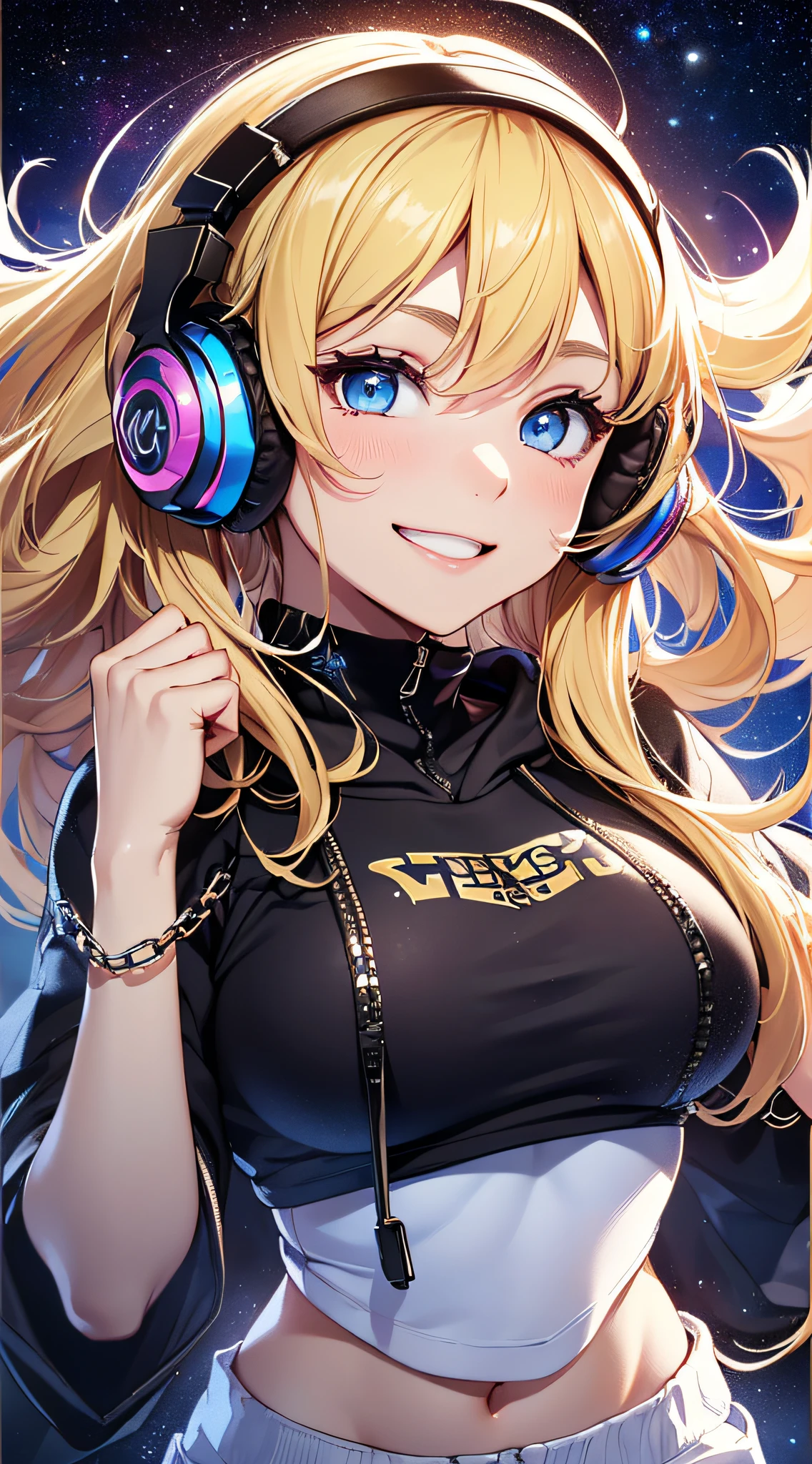 top-quality、Top image quality、masterpiece、girl with((18year old、Black navel exposes short sleeve hoodie、Sportsbra、White pants、Best Bust、Bust 90、a blond、Semi-long、Blue eyes、open chest wide、Happiness、Luminous Chain Accessories、Put on headphones、Cosmic Accessories、weightless、fists up、The best smile)hiquality、visualart、Background with(spaces、stele々、kosmos))、masutepiece、Best graphics、Super delicate