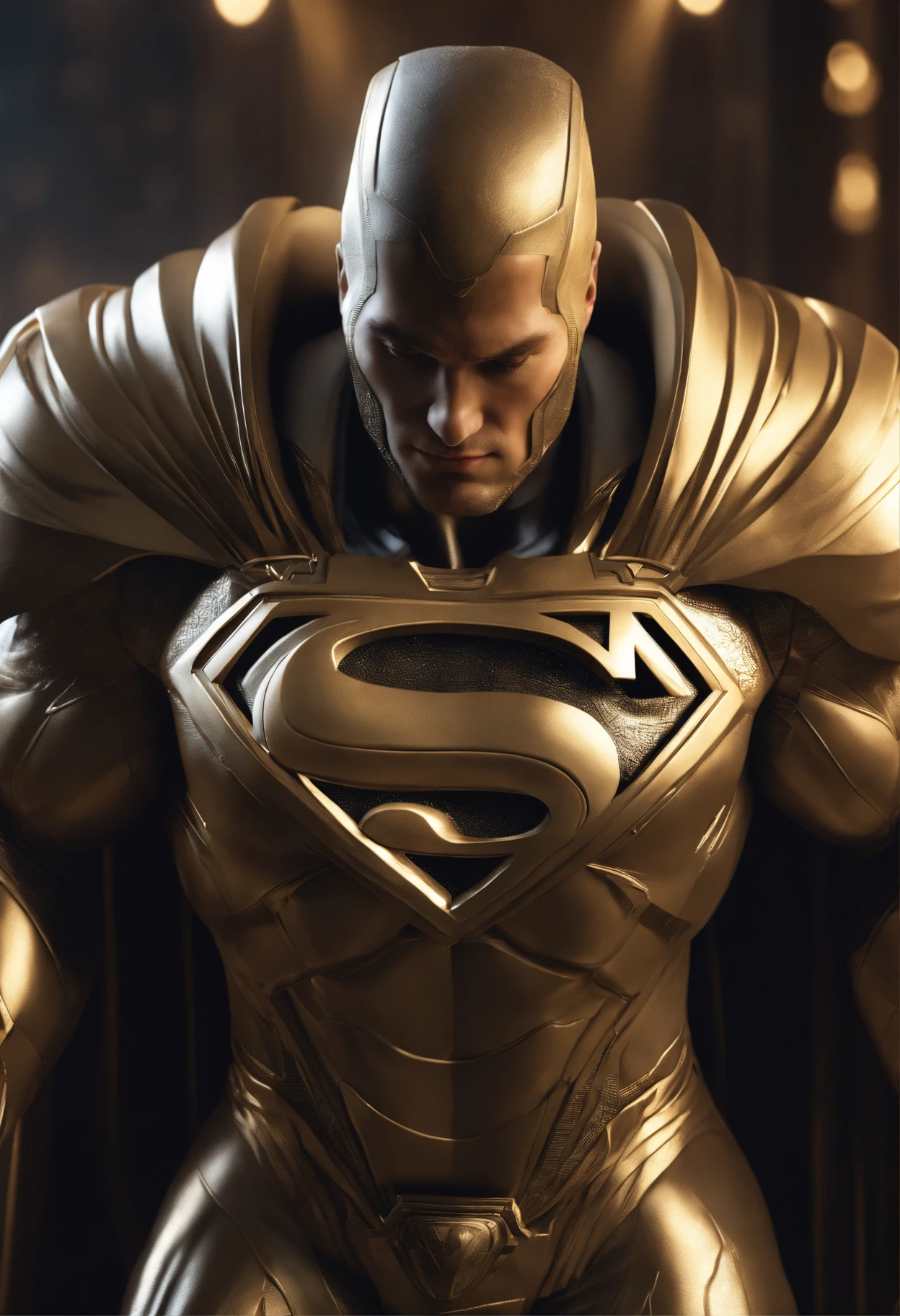 full body shot of superman in white and gold armour style suit, no mask on, white cape, looking at center camera, perfect composition, beautiful detailed intricate insanely detailed octane render trending on artstation, 8 k artistic photography, photorealistic concept art, soft natural volumetric cinematic perfect light, chiaroscuro, award - winning photograph, masterpiece, oil on canvas, raphael, caravaggio, greg rutkowski, beeple, beksinski, giger, trending on artstation, sharp focus, studio photo, intricate details, highly detailed, night city background, by greg rutkowski