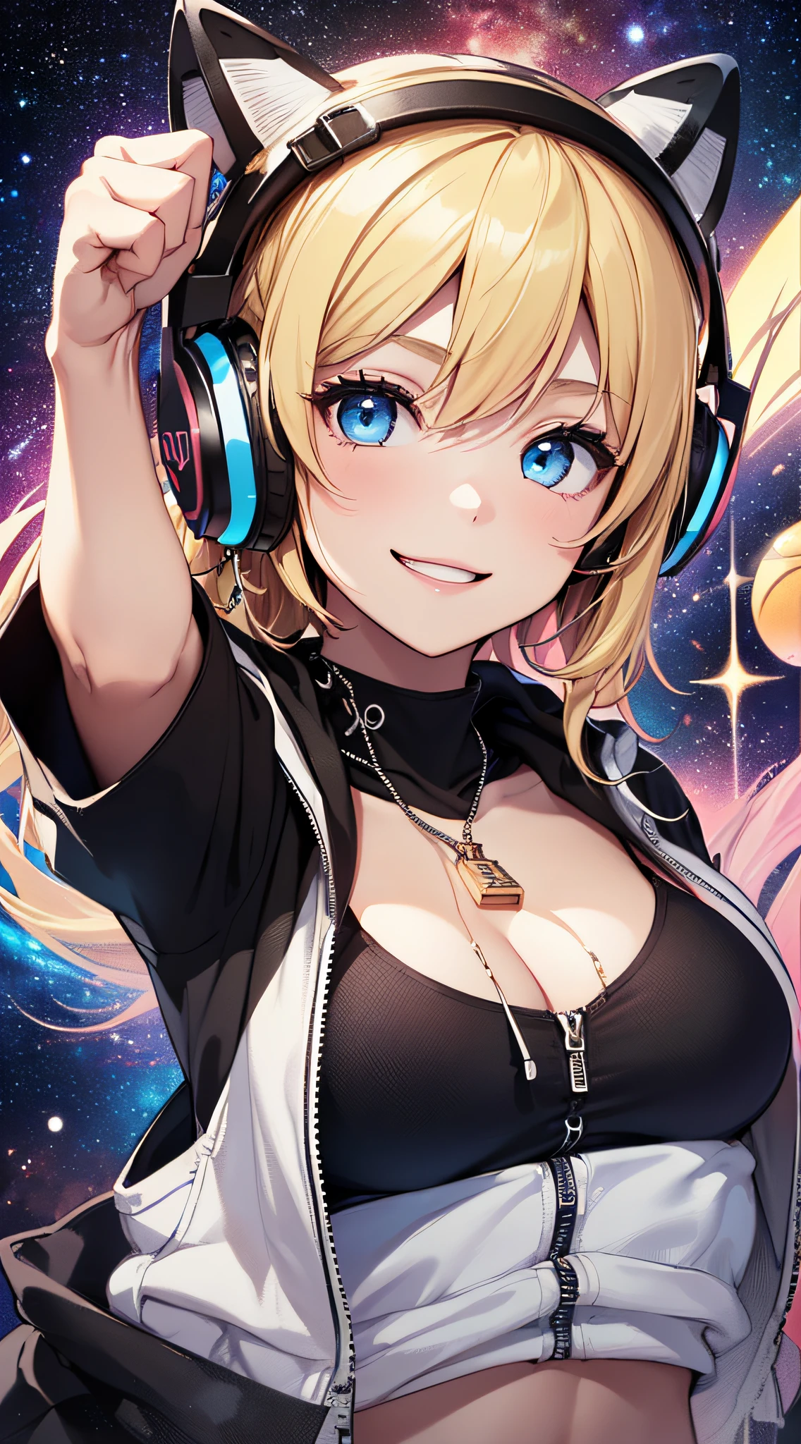 top-quality、Top image quality、masterpiece、girl with((18year old、Black navel exposes short sleeve hoodie、Sportsbra、White pants、Best Bust、Bust 90、a blond、Semi-long、Blue eyes、open chest wide、Happiness、Luminous Chain Accessories、Put on headphones、Cosmic Accessories、weightless、fists up、The best smile)hiquality、visualart、Background with(spaces、stele々、kosmos))、masutepiece、Best graphics、Super delicate