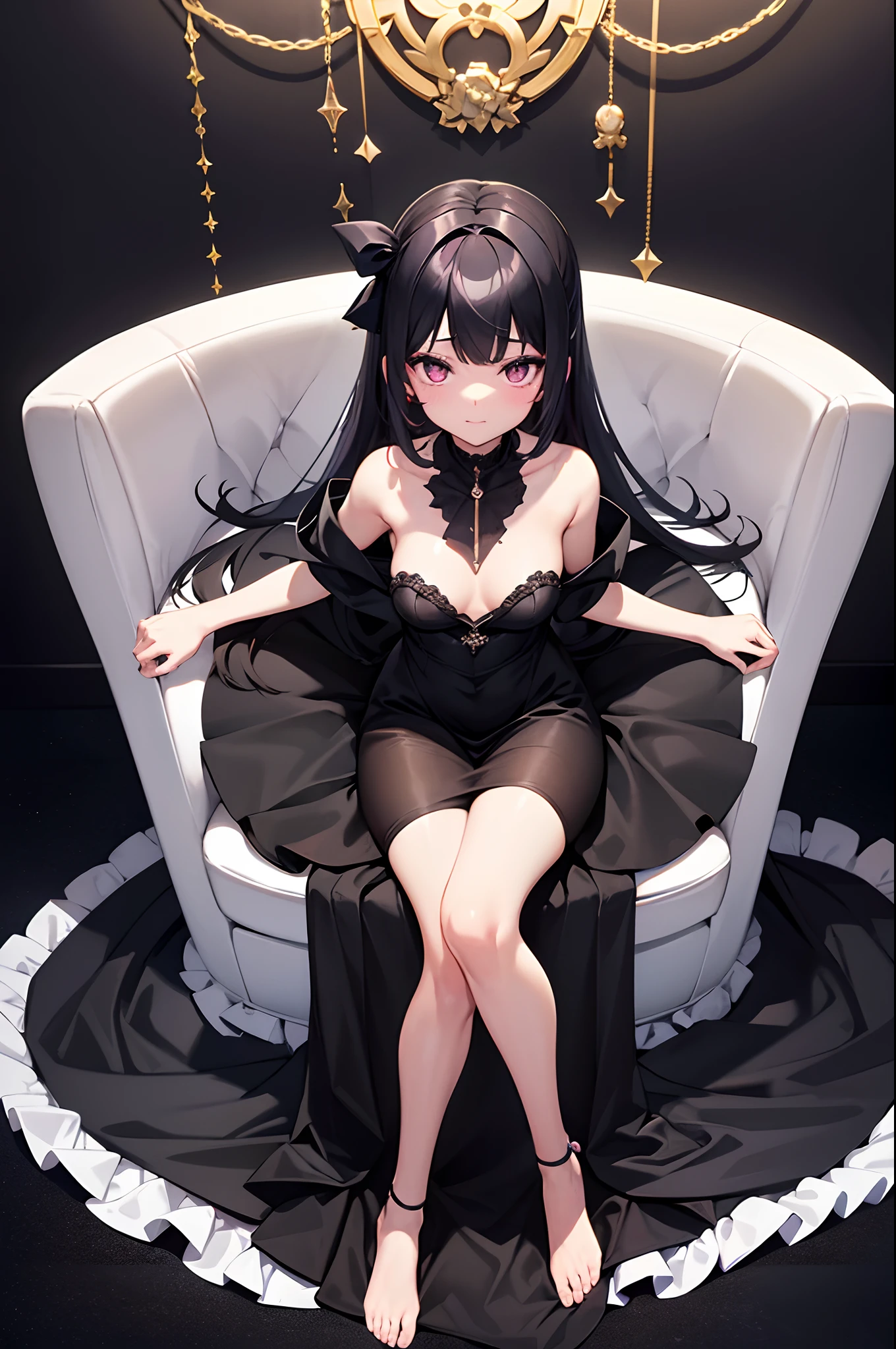 Black Onyx、、s girl、Silver midium hair、pink eye、Fantasia、Gothic dress、Black Diamond、peridot、Ametrine、Golden Sapphire、Shoulder out、From the top、Show your feet to your audience、 (Presentation of the legs), From the top ,1girl in, Solo, breasts are small, Side hair ribbon, Sleeveless, sole of feet、Shy laughter、Mole under the eyes、sit a chair、Patsun bangs