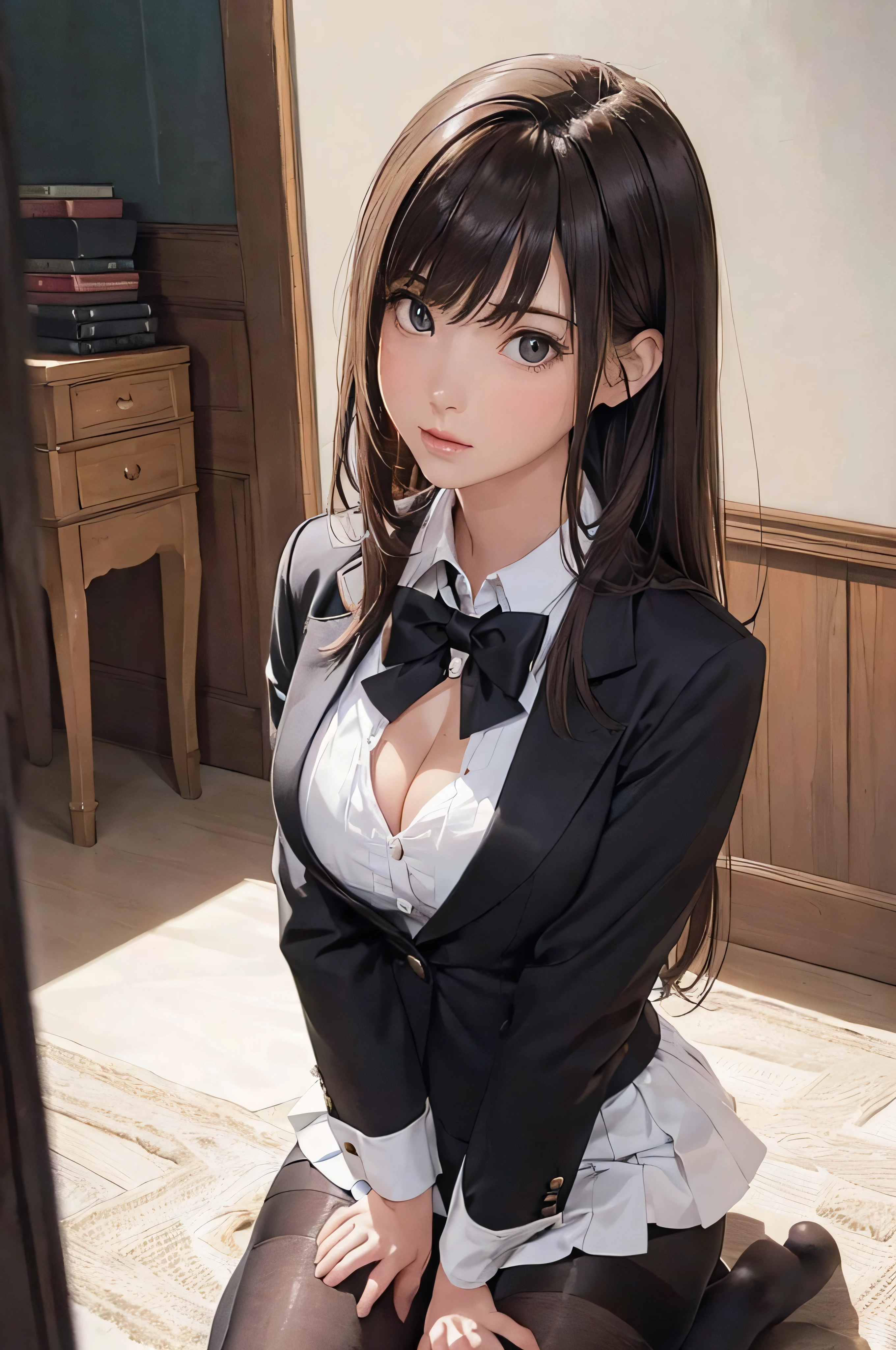 (1girl 24 years old:1.3), (photorealistic:1.4), (masterpiece, top quality, best quality, official art), extreme detailed, highest detailed, (ultra-detailed), ((an extremely delicate and beautiful)), cinematic light, (realisticlying:1.3), (highdetailskin:1.2), high resolution, 8K UHD, 4K, 8K, Bokeh, digital SLR camera, absurderes, Optimal proportions of four fingers and one thumb, 
((silky long hair)), (brown hair), beautiful face, perfect face, highly detailed beautiful face, 
Cute, shy,
walk around town, midnight,
dynamic angle, from above, 
((Wearing a black formal blazer)), ((white blouse with collar)), cleavage, skirt, lacepantyhose, blue underwear,
open legs a little, kneel down,