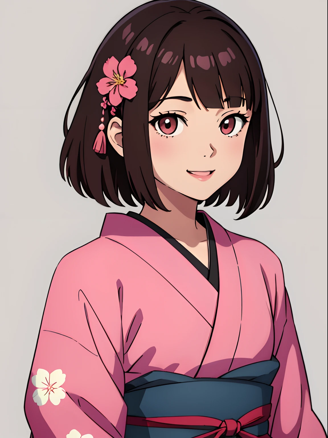 simple background、Gray background、1人の女性、(masterpiece、top-quality:1.2)、((facing front:1.2))、Smile with your mouth wide open、Aligned bangs、Bob Hair、dark brown hair、Floral hair ornament、The eye:Pink Brown、Young woman at 、((The upper part of the body:1.2))、Promotional Art、offcial art、Pink kimono
