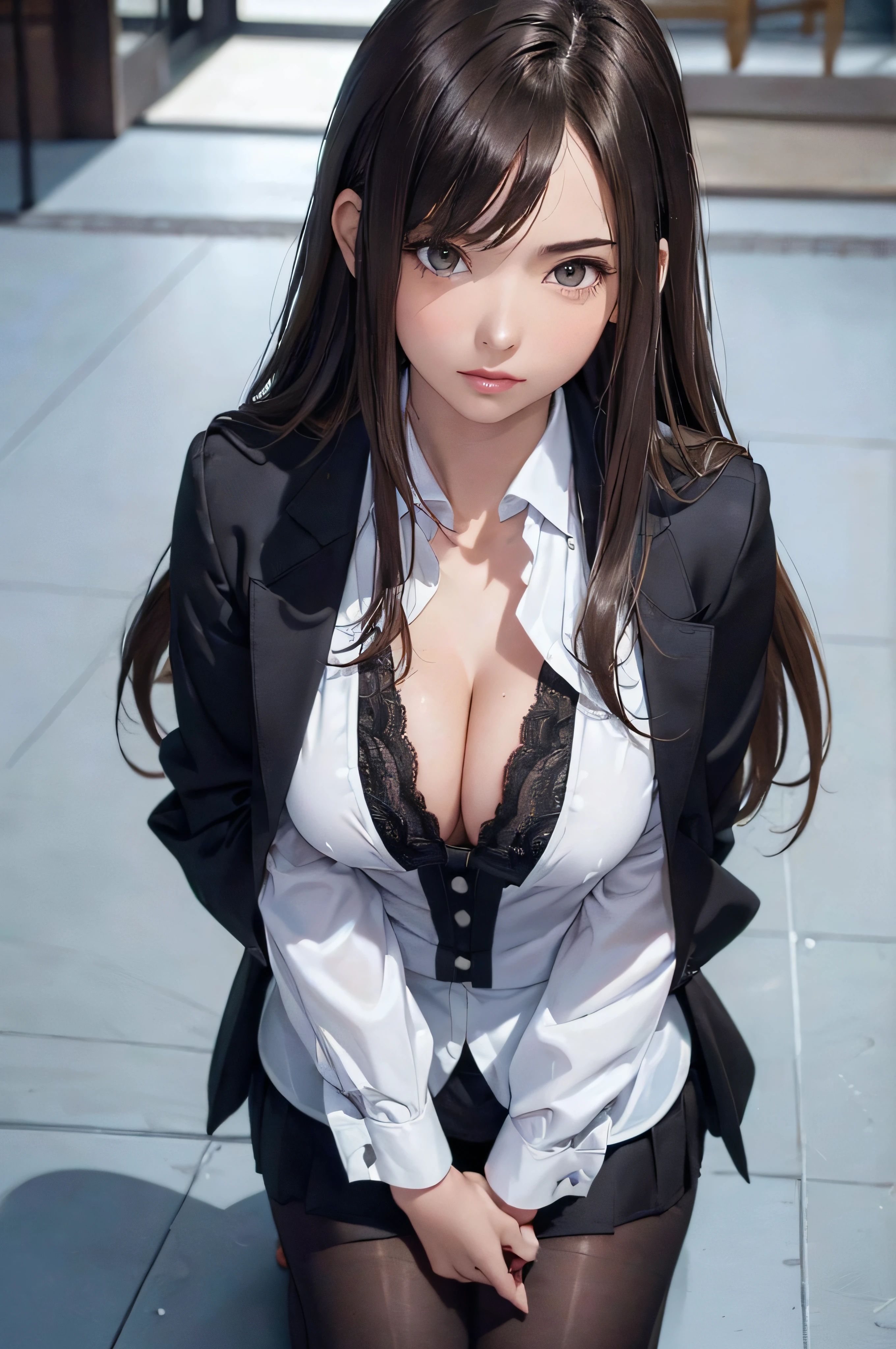(1girl 24 years old:1.3), (photorealistic:1.4), (masterpiece, top quality, best quality, official art), extreme detailed, highest detailed, (ultra-detailed), ((an extremely delicate and beautiful)), cinematic light, (realisticlying:1.3), (highdetailskin:1.2), high resolution, 8K UHD, 4K, 8K, Bokeh, digital SLR camera, absurderes, Optimal proportions of four fingers and one thumb, 
((silky long hair)), (brown hair), beautiful face, perfect face, highly detailed beautiful face, 
Cute, shy,
walk around town, midnight,
dynamic angle, from above, 
((Wearing a black formal blazer)), ((white blouse with collar)), cleavage, skirt, lacepantyhose, blue underwear,
open legs a little, kneel down,