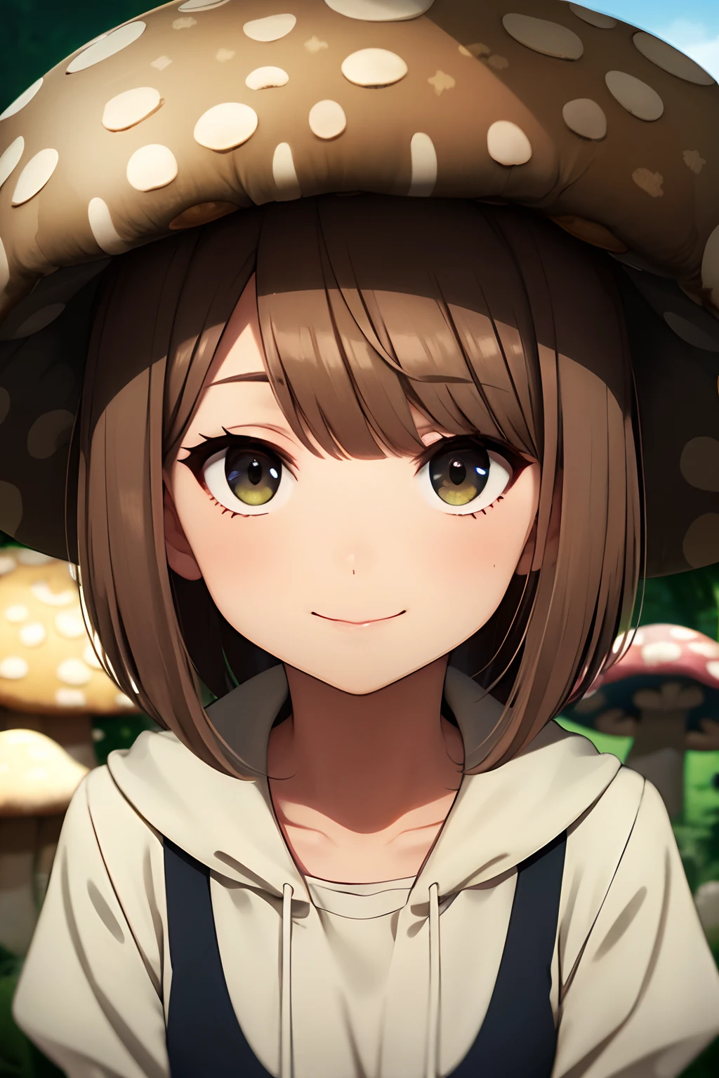 best quality, detailed face, 1girl, middle breast, smile, casual outfit, skirt, good anatomy, looking at viewer, soft focus, cinematic lighting, depth of field, happy expression, (mushroom on head:1.3)