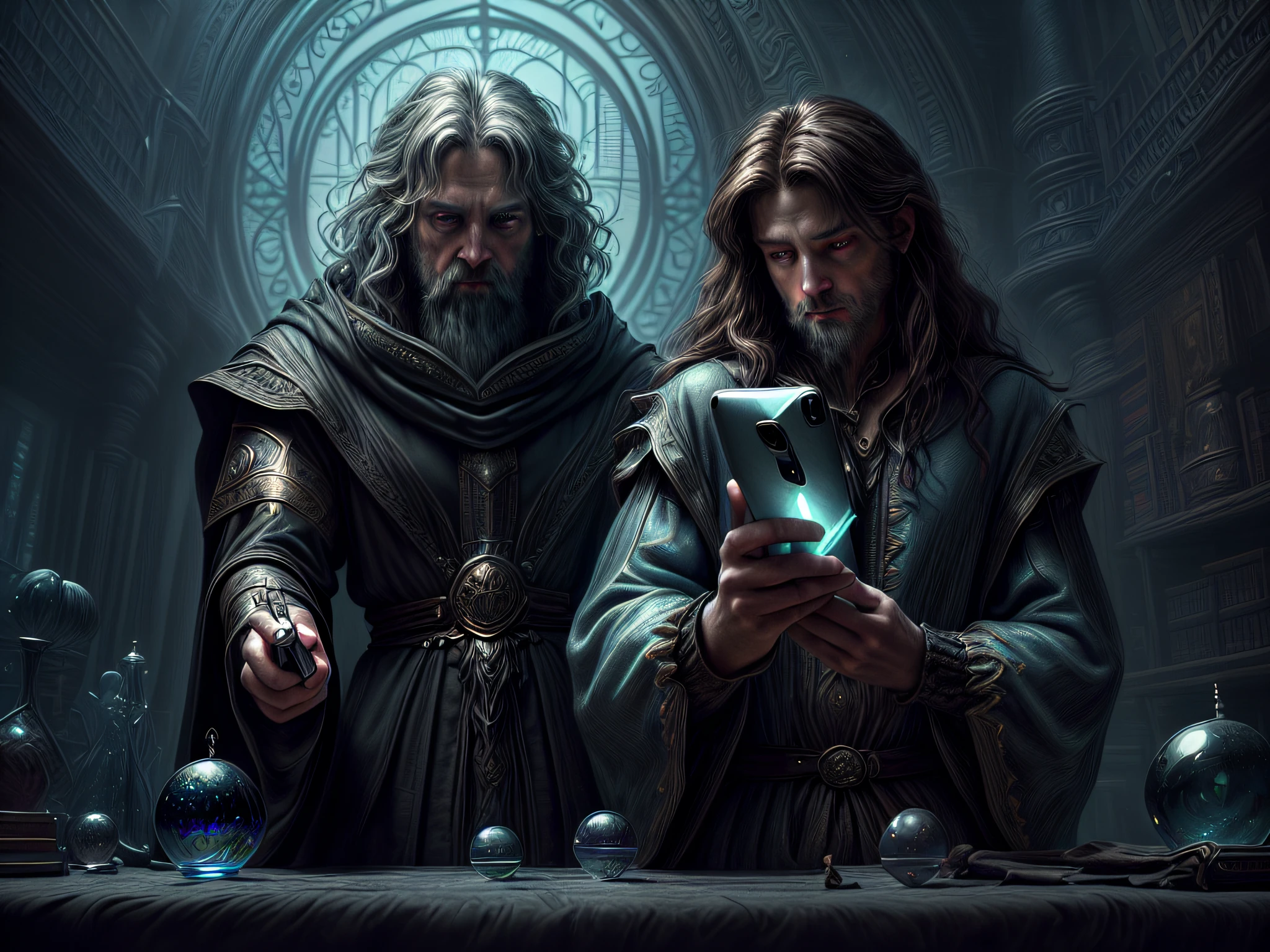 high details, best quality, 8k, [ultra detailed], masterpiece, best quality, (extremely detailed), dynamic angle, ultra wide shot, photorealistic, RAW, fantasy art, dnd art, fantasy art, realistic art, a wide angle view wallpaper of a wizard looking into his crystal ball seeing a  (smartphone:1.5) in the crystal ball  (intense details, Masterpiece, best quality: 1.5) [[ a cell phone within the crystal ball]] (intense details, Masterpiece, best quality: 1.5), human male wizard, fantasy wizard (intense details, Masterpiece, best quality: 1.5), D&D wizard, young human male (intense details, Masterpiece, best quality: 1.5), [[anatomically correct]], dynamic hair, dynamic eyes, wearing magical robe (intense details, Masterpiece, best quality: 1.5), dynamic colors, ultra detailed face (intense details, Masterpiece, best quality: 1.5), in his laboratory (intense details, Masterpiece, best quality: 1.5), many magical tomes, magical library (intense details, Masterpiece, best quality: 1.5), many magical vials, ultra wide angle from a medium distance